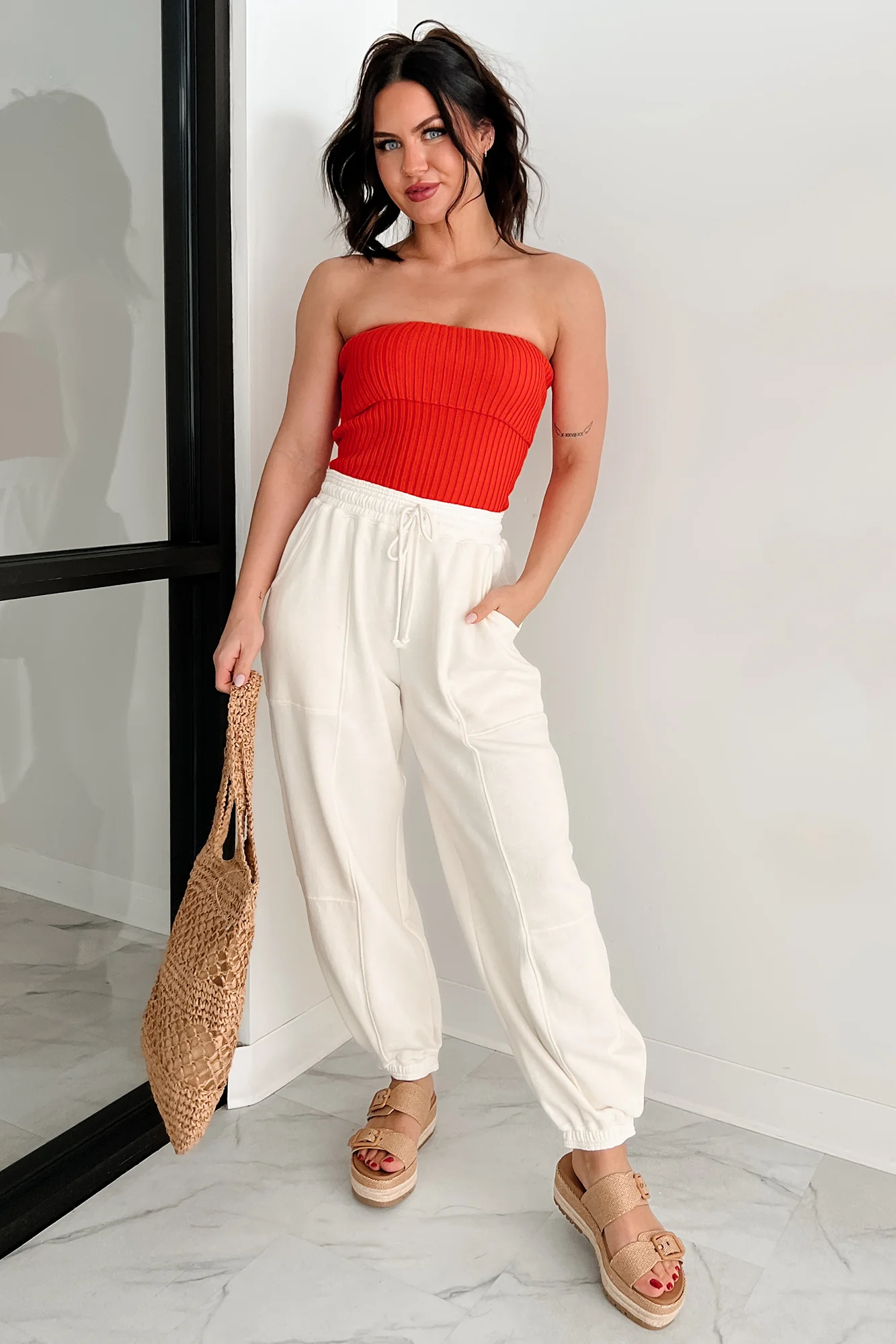 Cozy Corner Ribbed Strapless Fold Over Top (Tomato) - Image 9