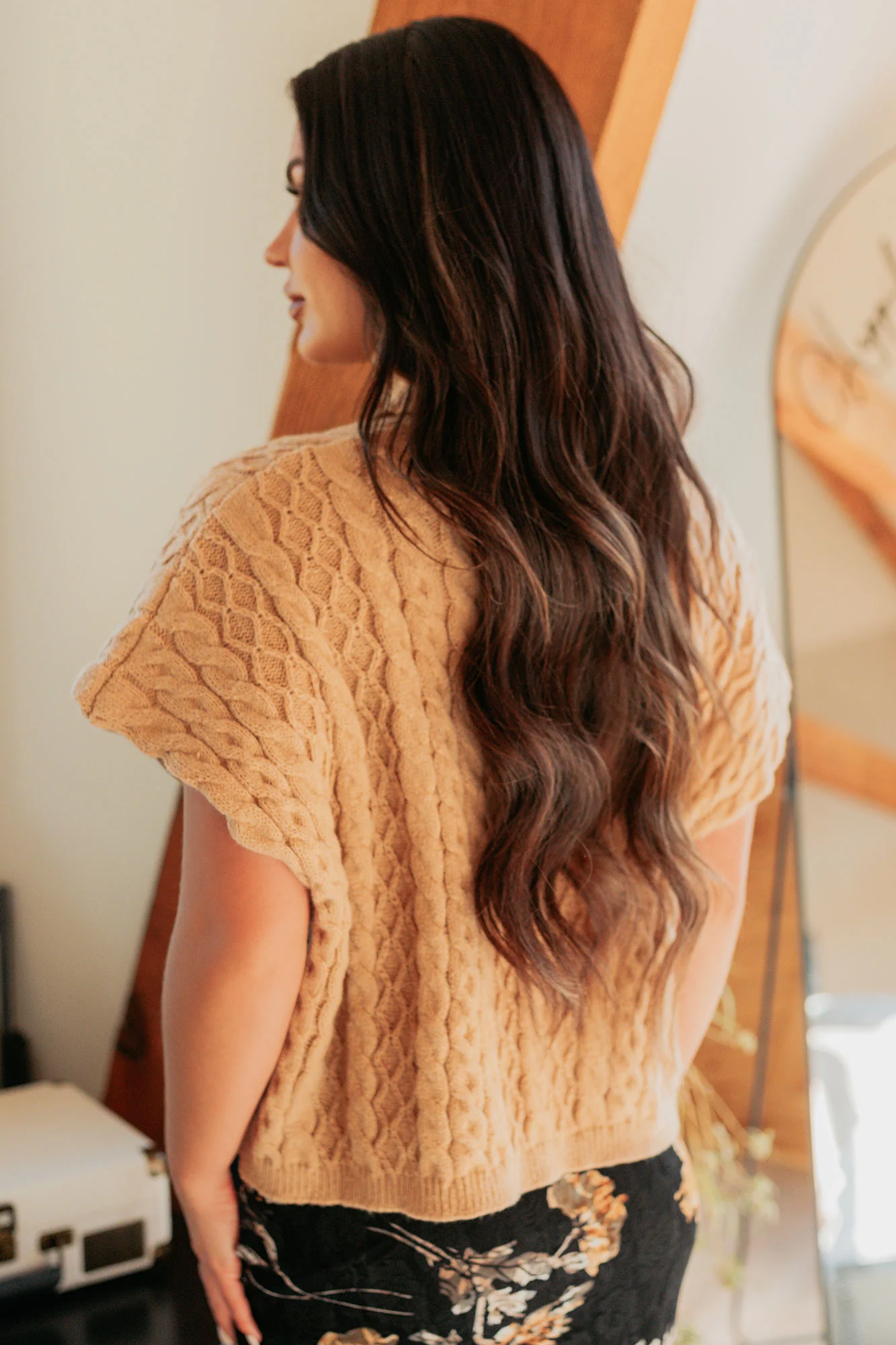 Cozy Escape Short Sleeve Cable Knit Sweater (Taupe) - Image 3