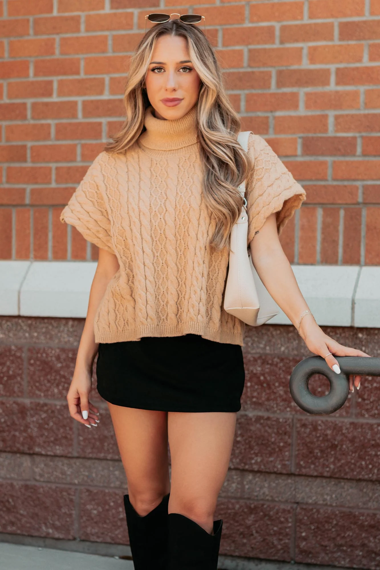 Cozy Escape Short Sleeve Cable Knit Sweater (Taupe) - Image 6