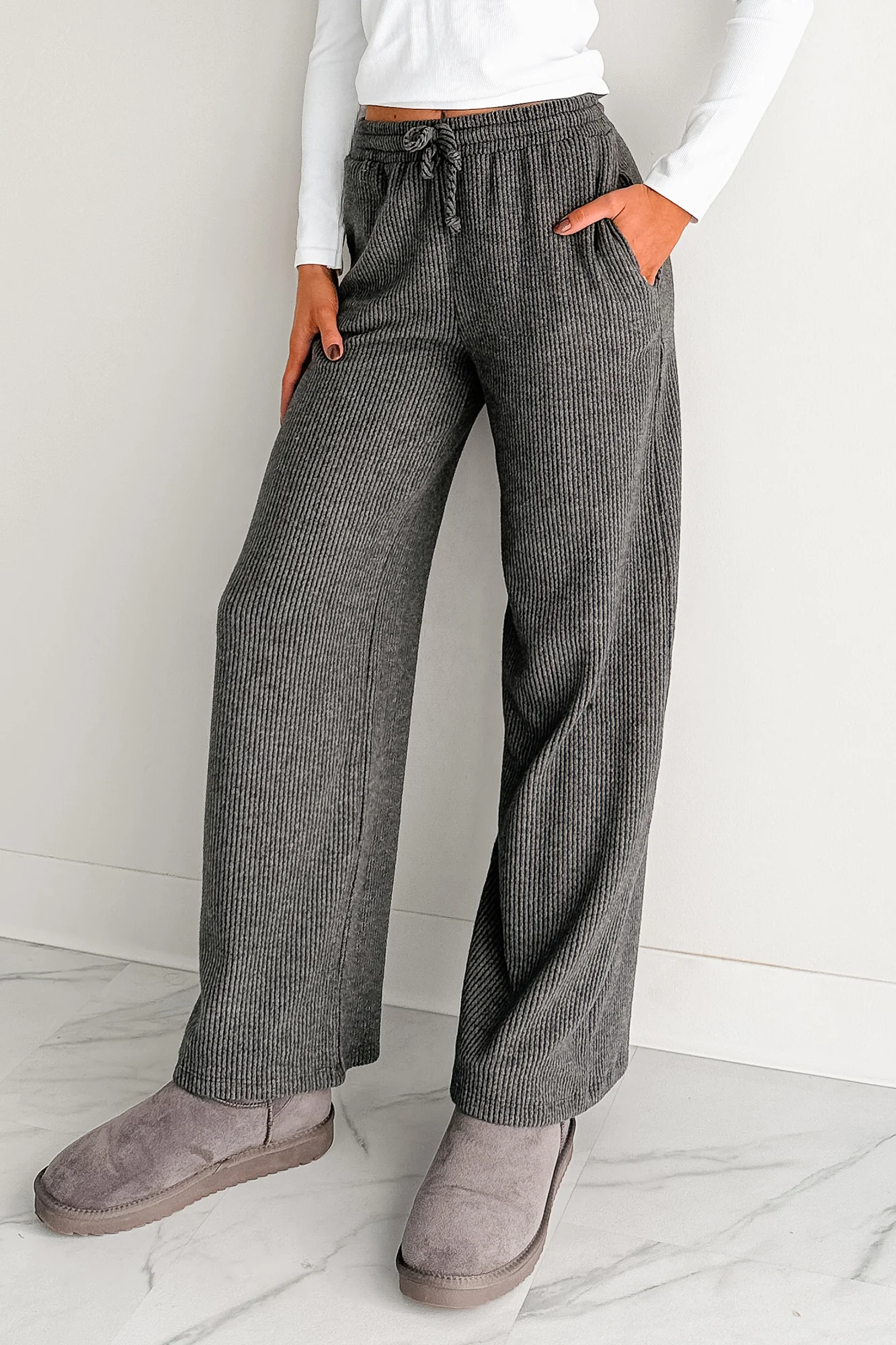 Cozy Feeling Ribbed Wide Leg Pants (Charcoal) - Image 2