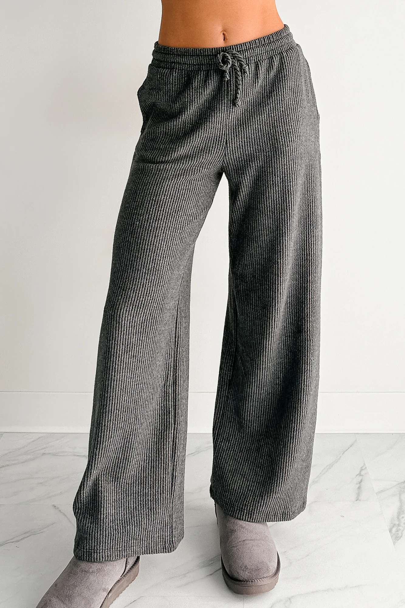 Cozy Feeling Ribbed Wide Leg Pants (Charcoal) - Image 3
