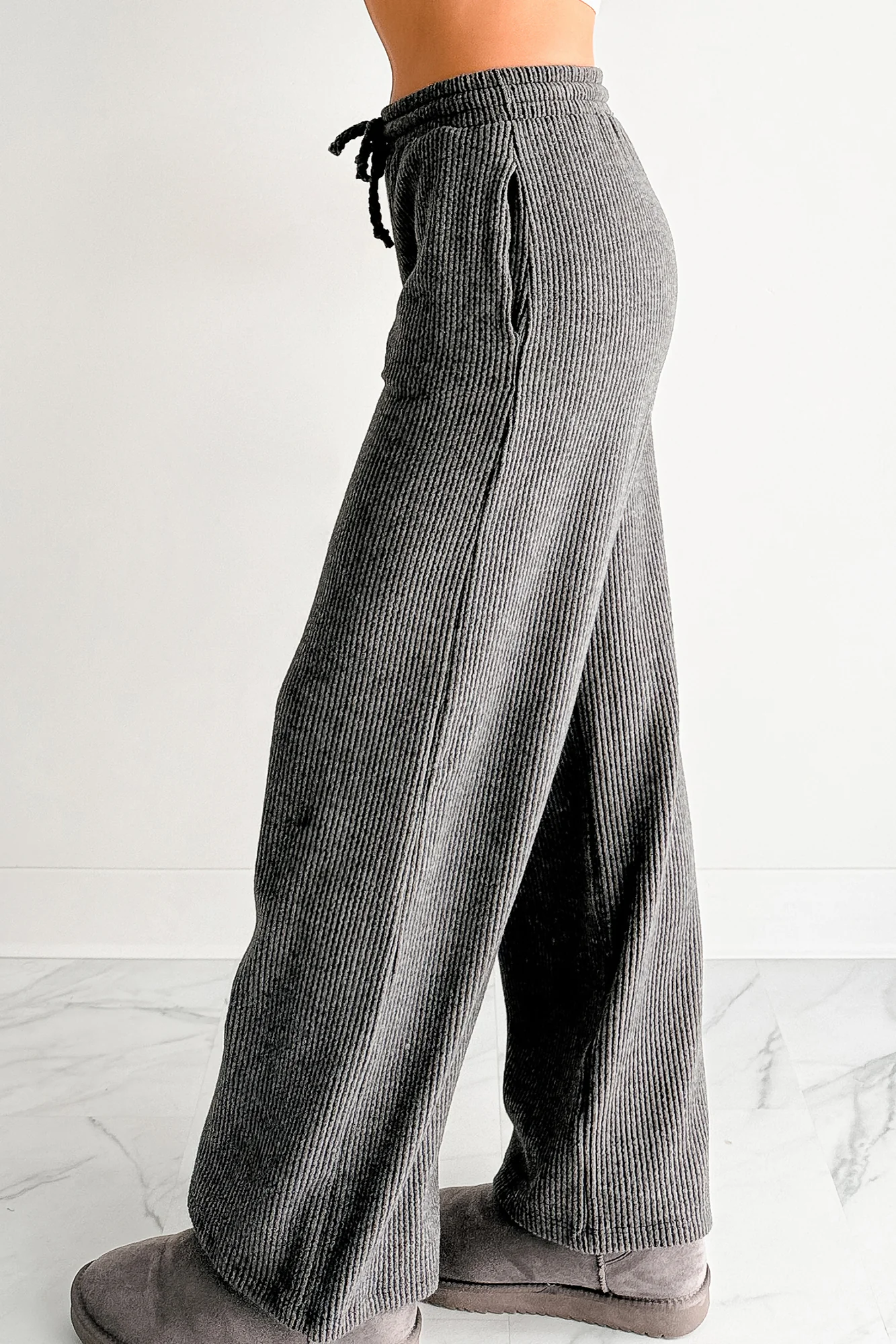 Cozy Feeling Ribbed Wide Leg Pants (Charcoal) - Image 4