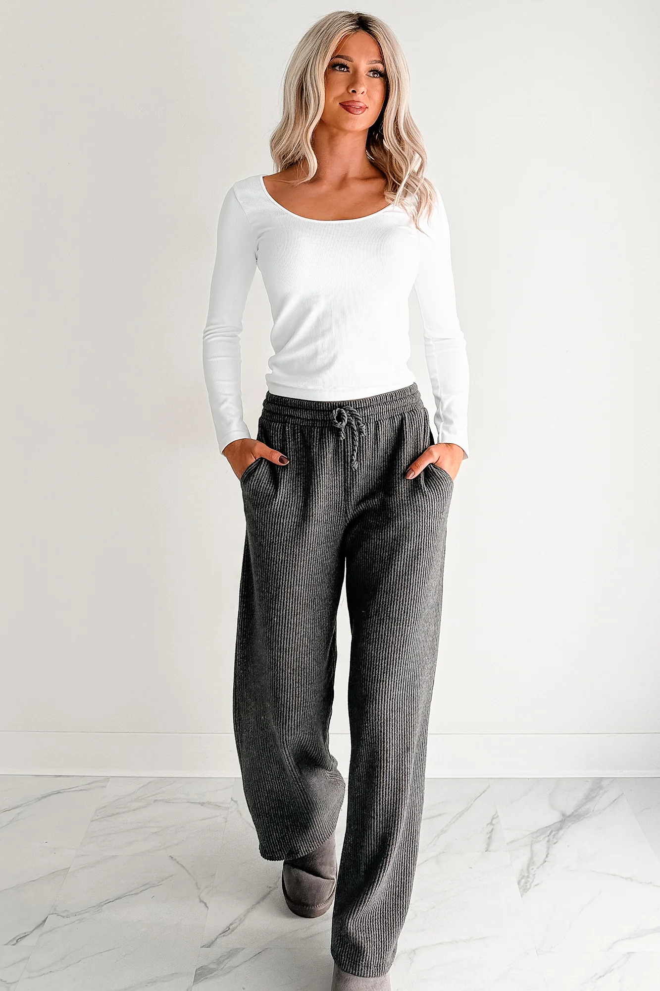 Cozy Feeling Ribbed Wide Leg Pants (Charcoal) - Image 6