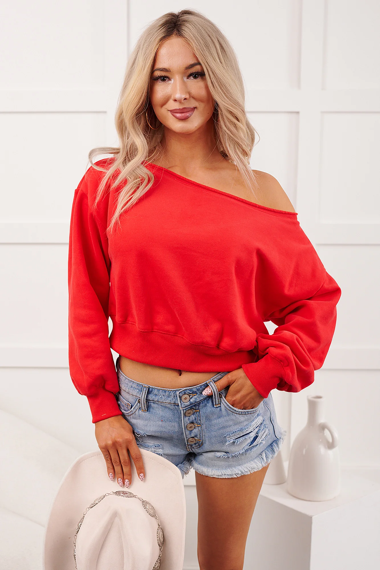 Soft Sunday Off The Shoulder Sweatshirt (Red) - Image 4
