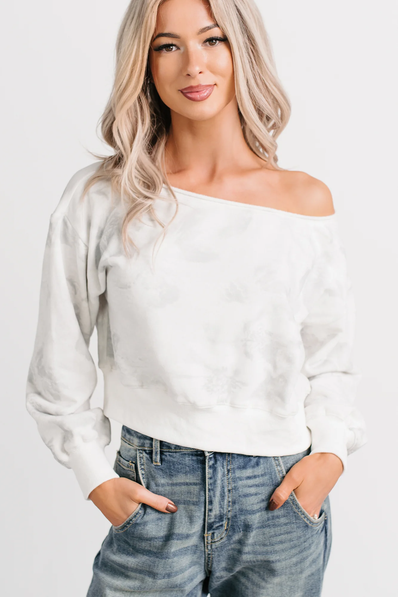 Cozy Nights Abstract Off The Shoulder Sweatshirt (White/Grey)