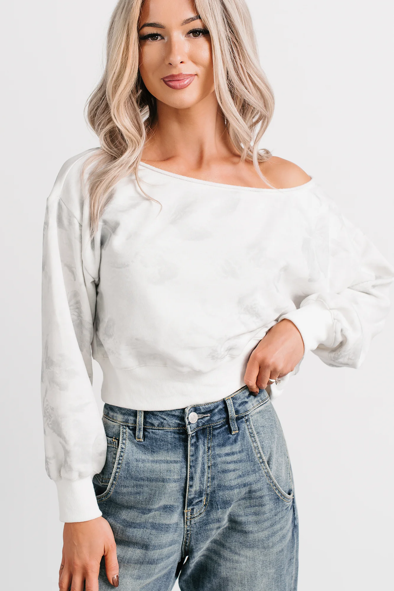 Cozy Nights Abstract Off The Shoulder Sweatshirt (White/Grey) - Image 5