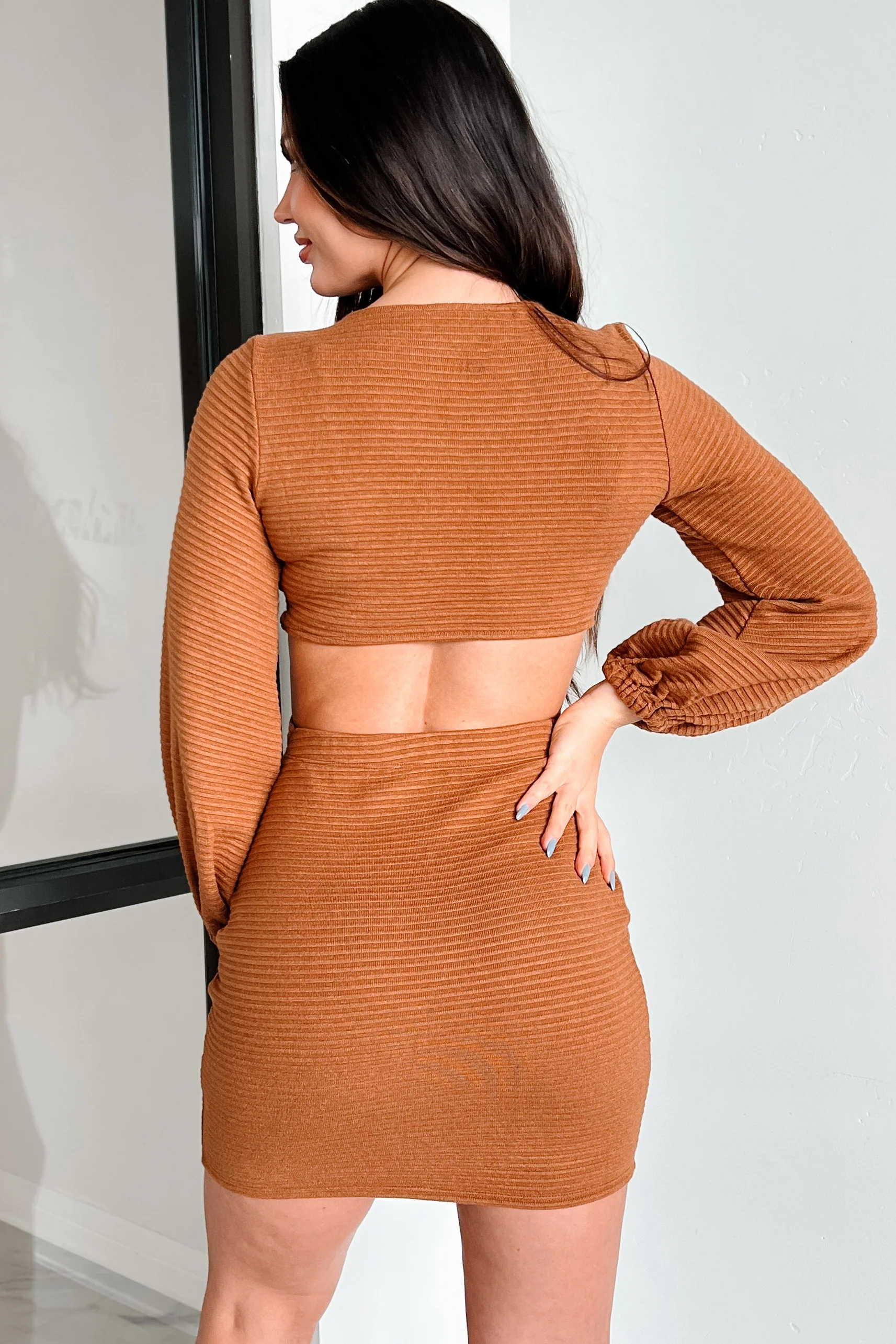 DOORBUSTER Craving Connection Ribbed Long Sleeve Cut-Out Dress (Camel) - Image 4