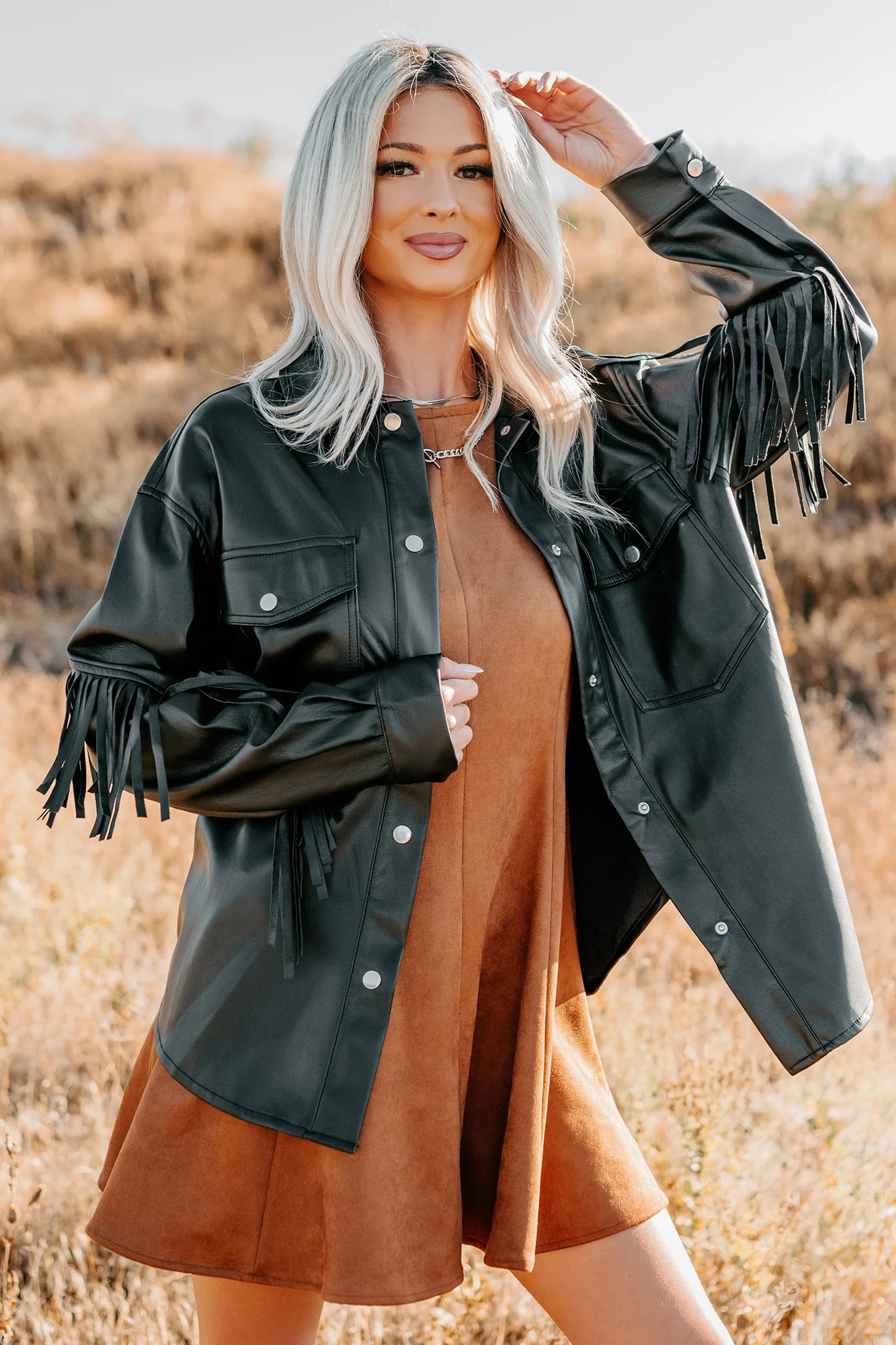 Creating Moments Faux Leather Fringe Jacket (Black) - Image 10