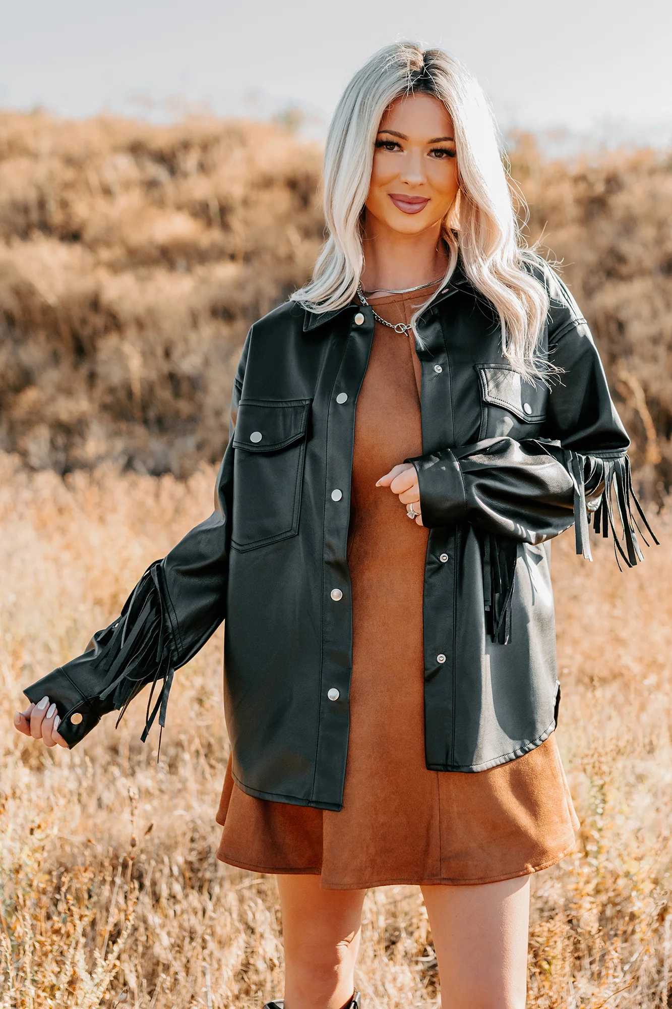 Creating Moments Faux Leather Fringe Jacket (Black) - Image 12