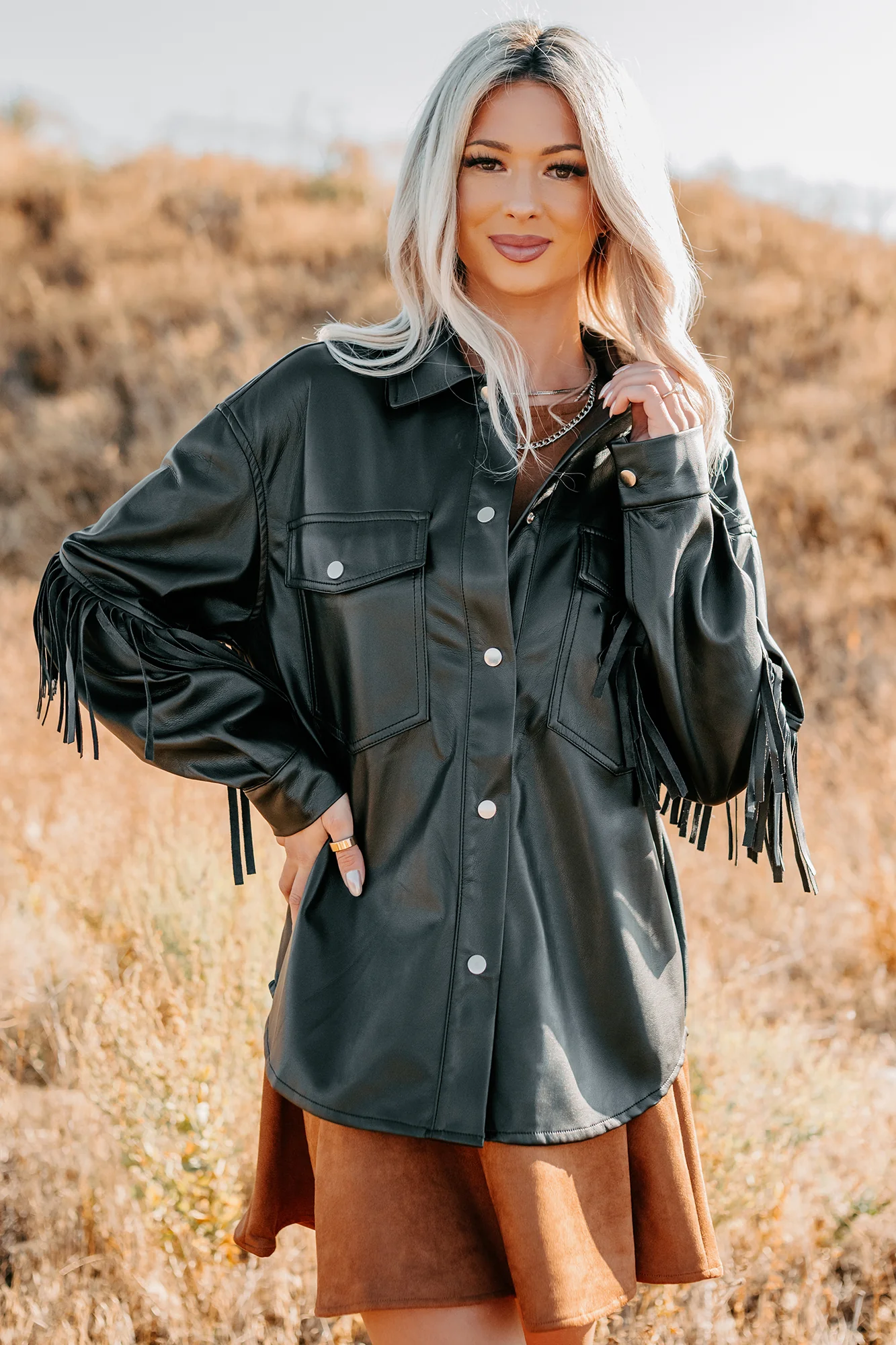 Creating Moments Faux Leather Fringe Jacket (Black) - Image 4