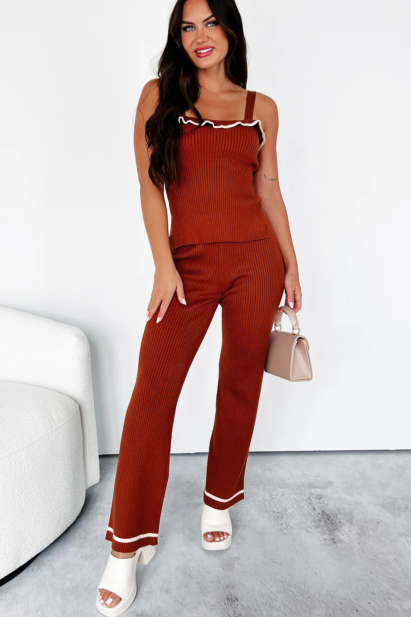 Crisp Leaves Ribbed Knit Tank Top (Rust) - Image 3