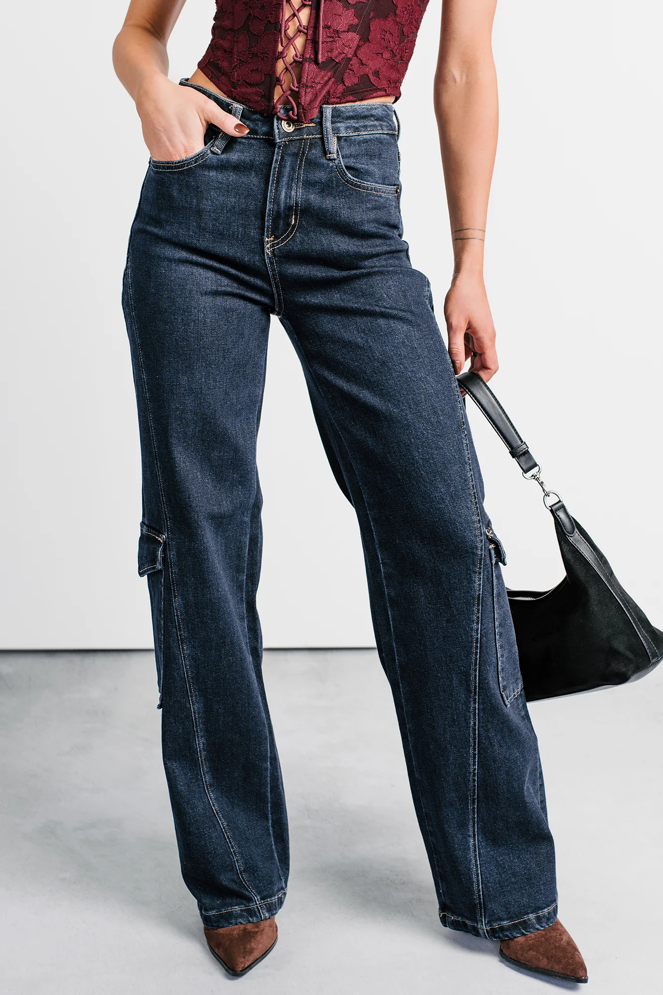 Crosby Wide Leg Mica Denim Cargo Jeans (Dark Wash) - Image 3