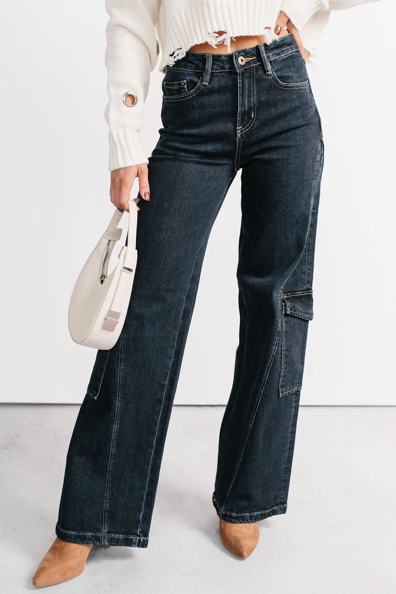 Crosby Wide Leg Mica Denim Cargo Jeans (Dark Wash) - Image 5