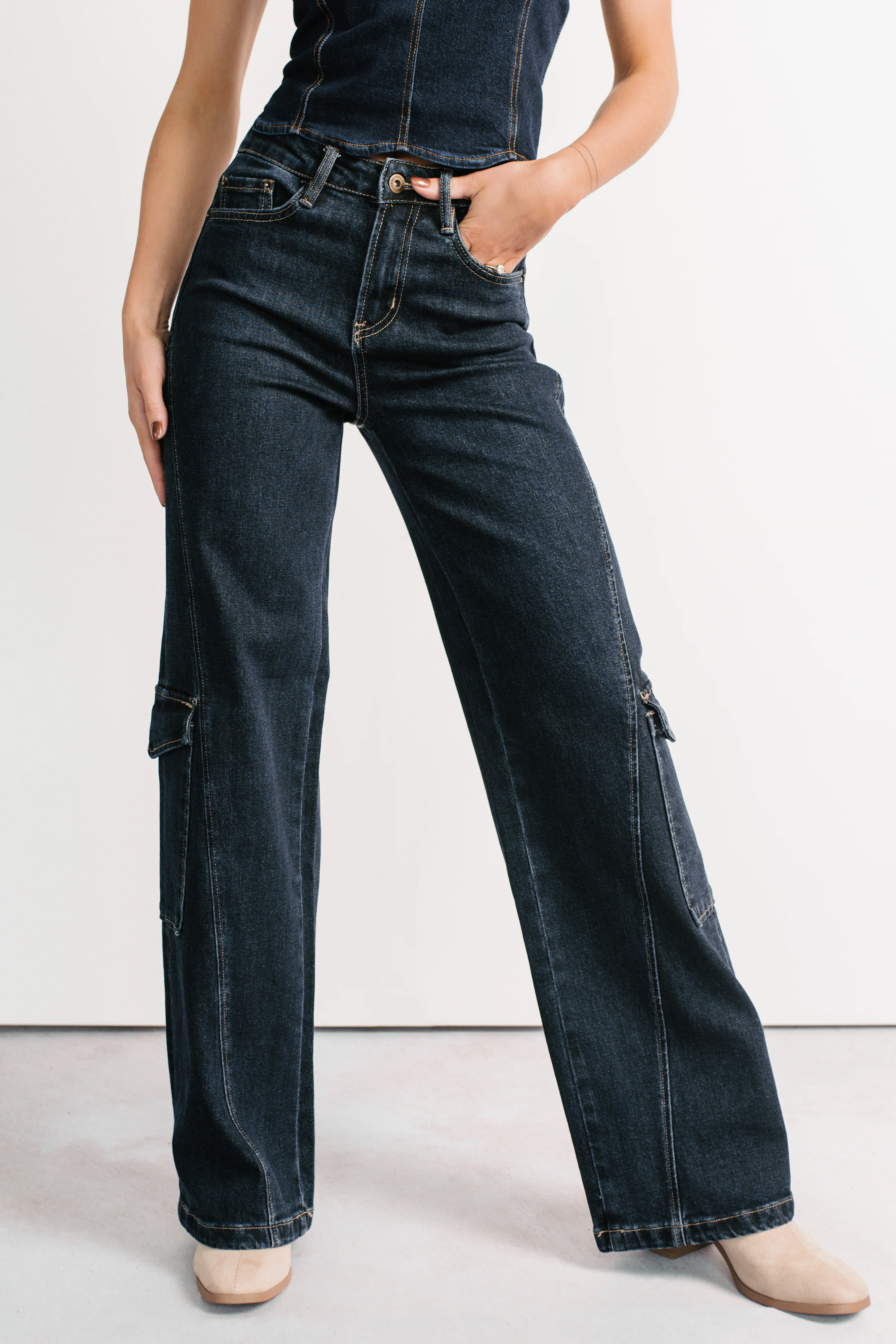 Crosby Wide Leg Mica Denim Cargo Jeans (Dark Wash) - Image 7