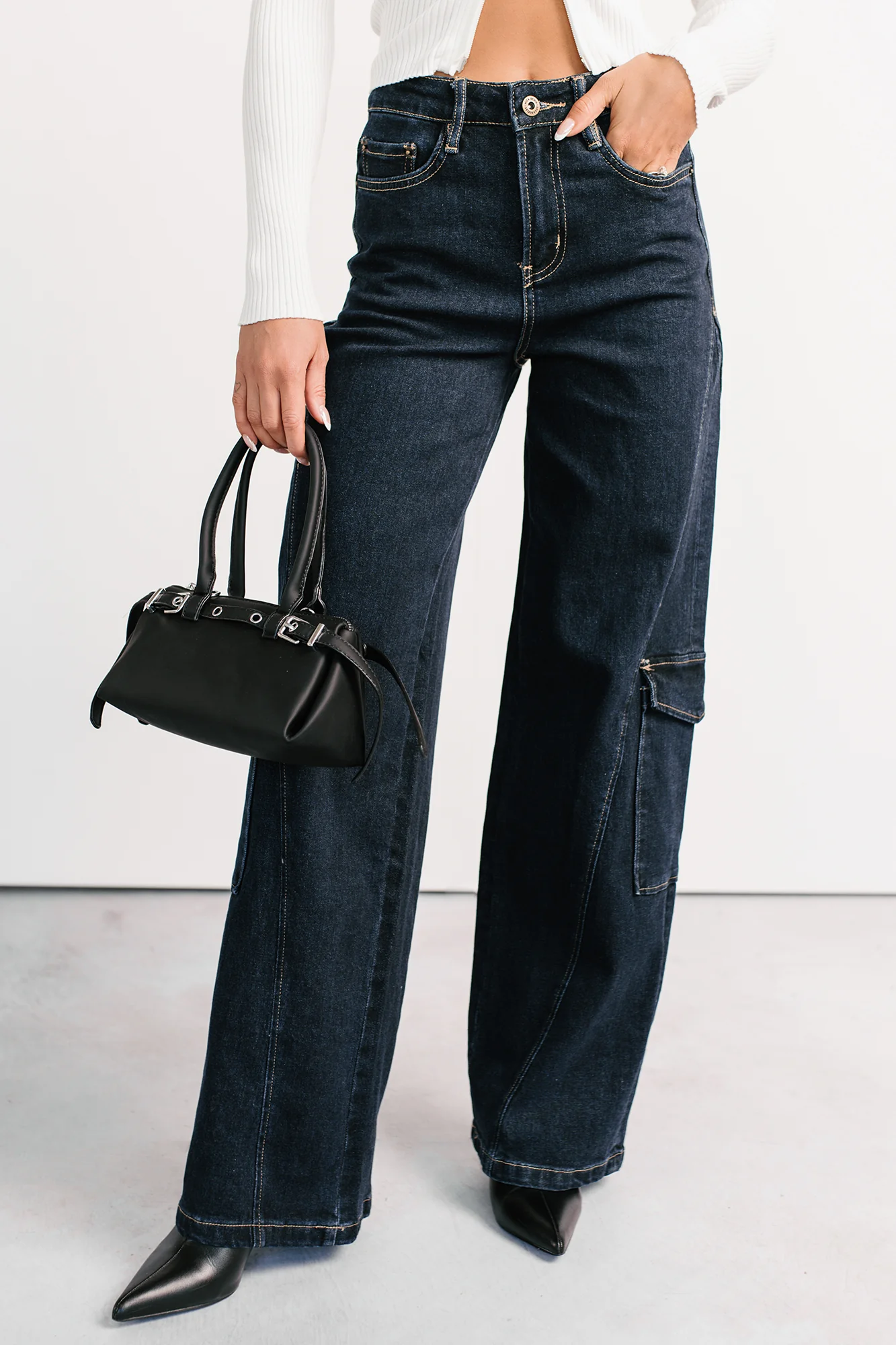 Crosby Wide Leg Mica Denim Cargo Jeans (Dark Wash) - Image 8
