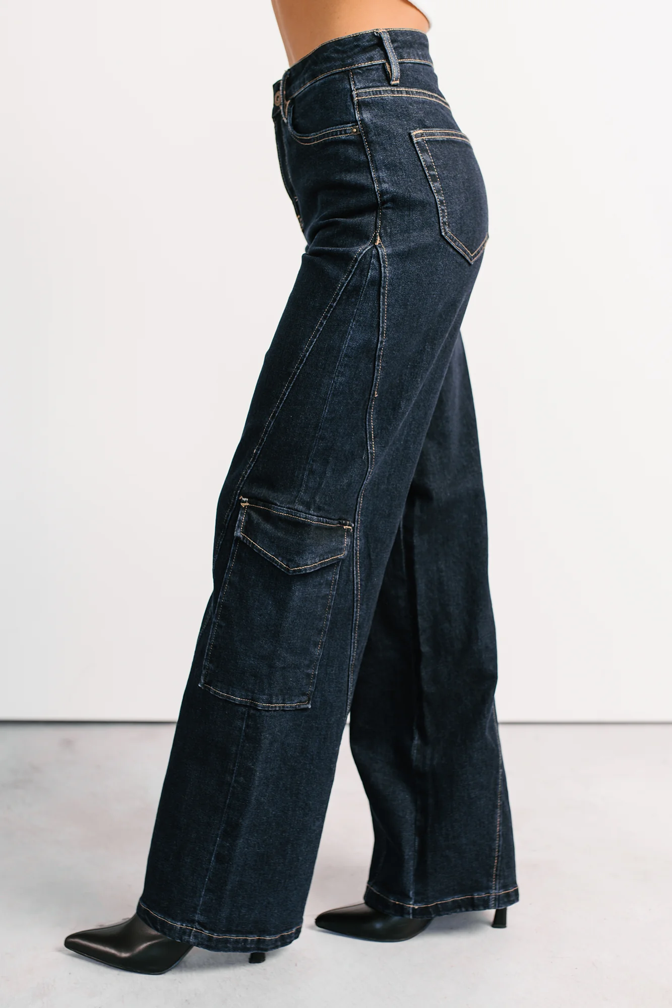 Crosby Wide Leg Mica Denim Cargo Jeans (Dark Wash) - Image 9