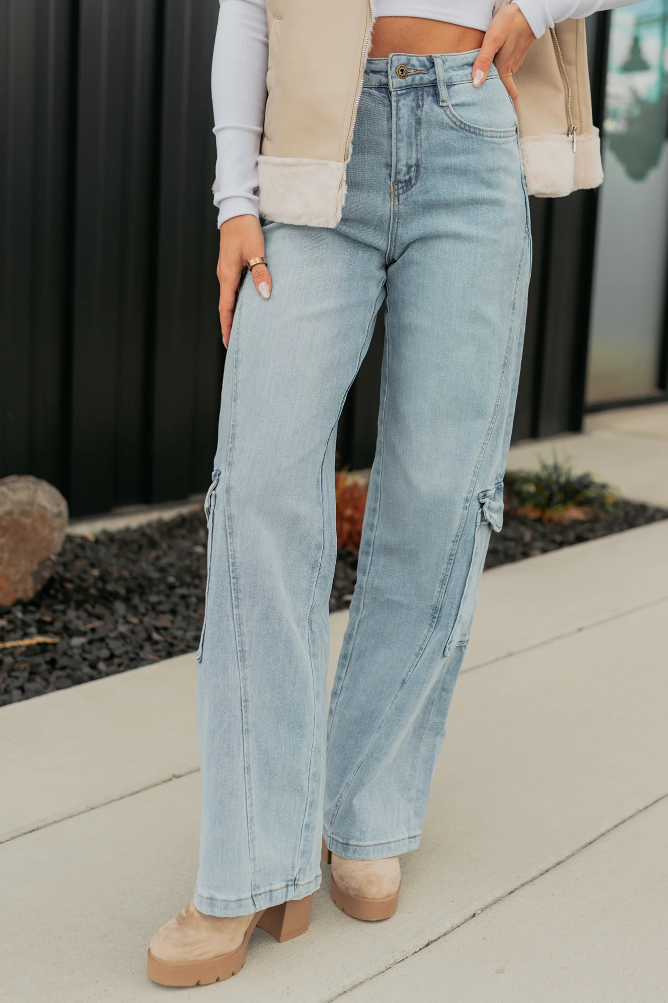 Crosby Wide Leg Mica Denim Cargo Jeans (Light Wash) - Image 11