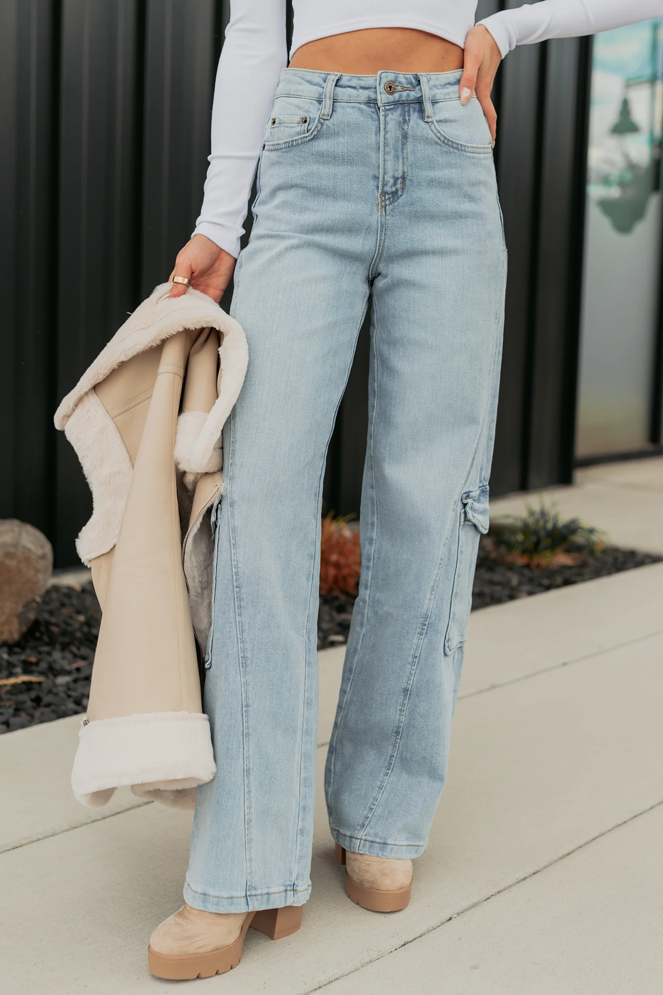 Crosby Wide Leg Mica Denim Cargo Jeans (Light Wash) - Image 13