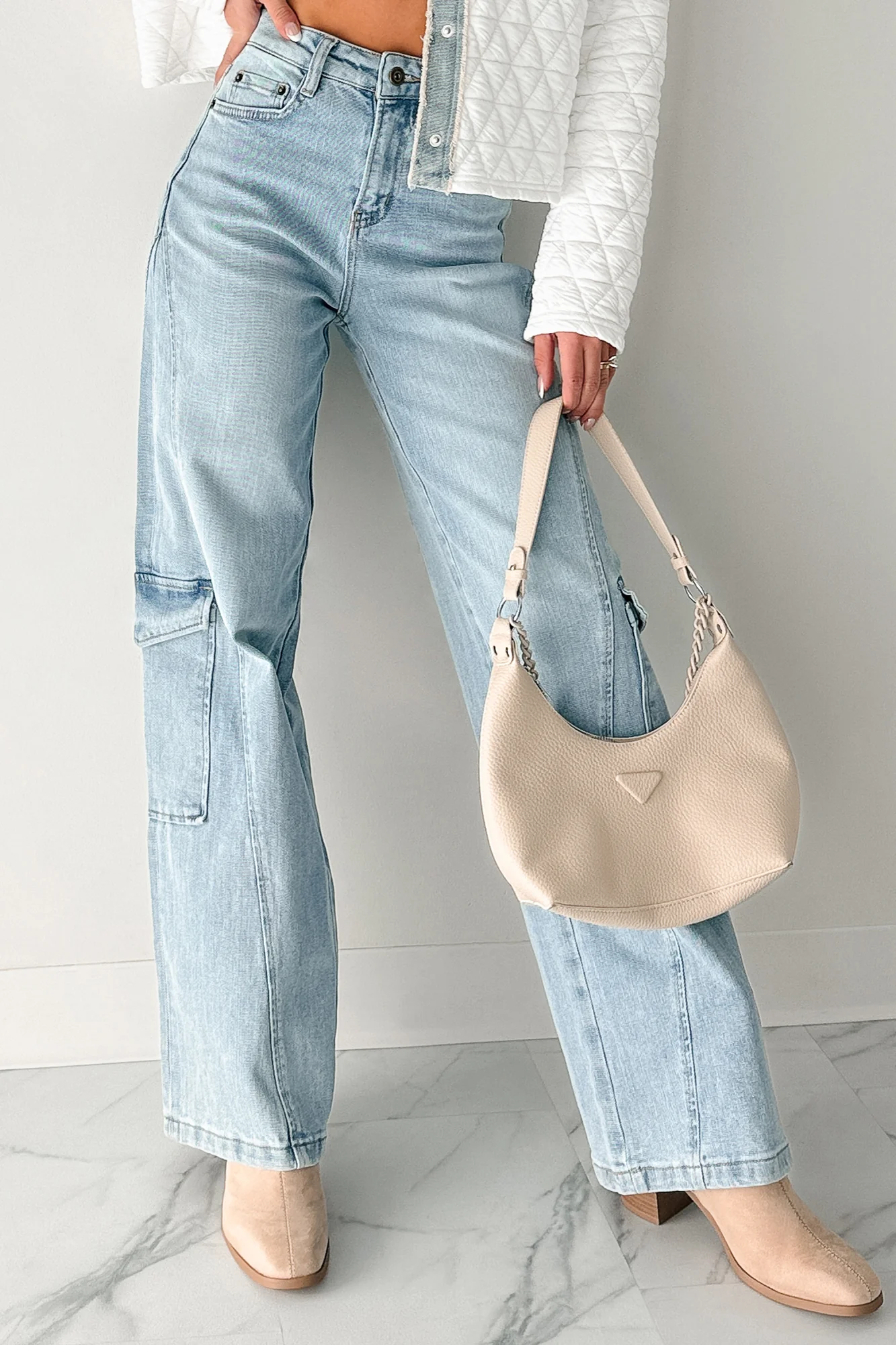 Crosby Wide Leg Mica Denim Cargo Jeans (Light Wash) - Image 5