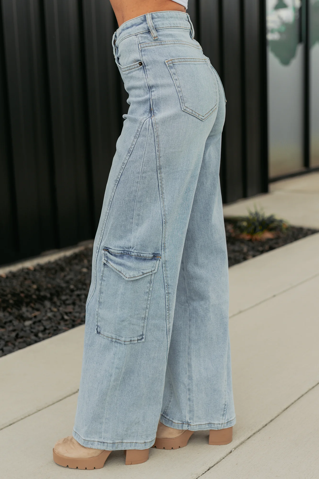 Crosby Wide Leg Mica Denim Cargo Jeans (Light Wash) - Image 9
