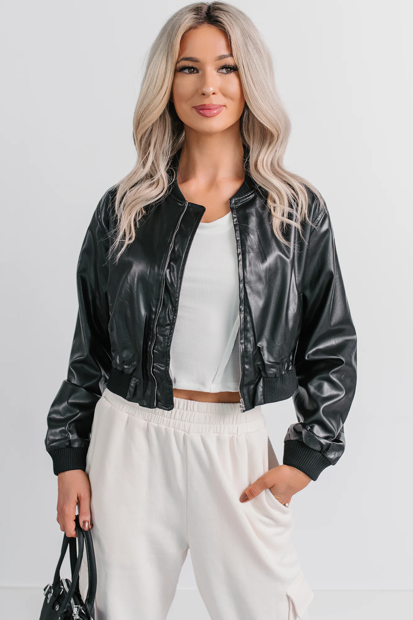 Crown Moment Faux Leather Crop Jacket (Black)