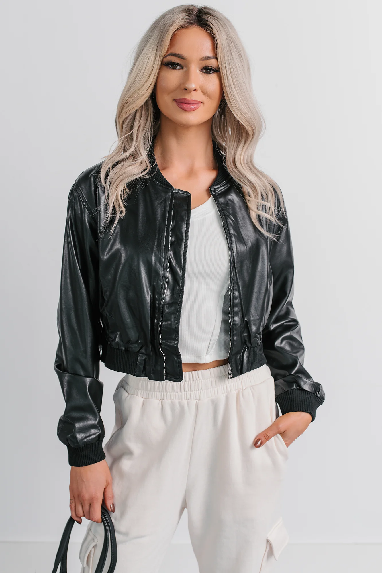 Crown Moment Faux Leather Crop Jacket (Black) - Image 6