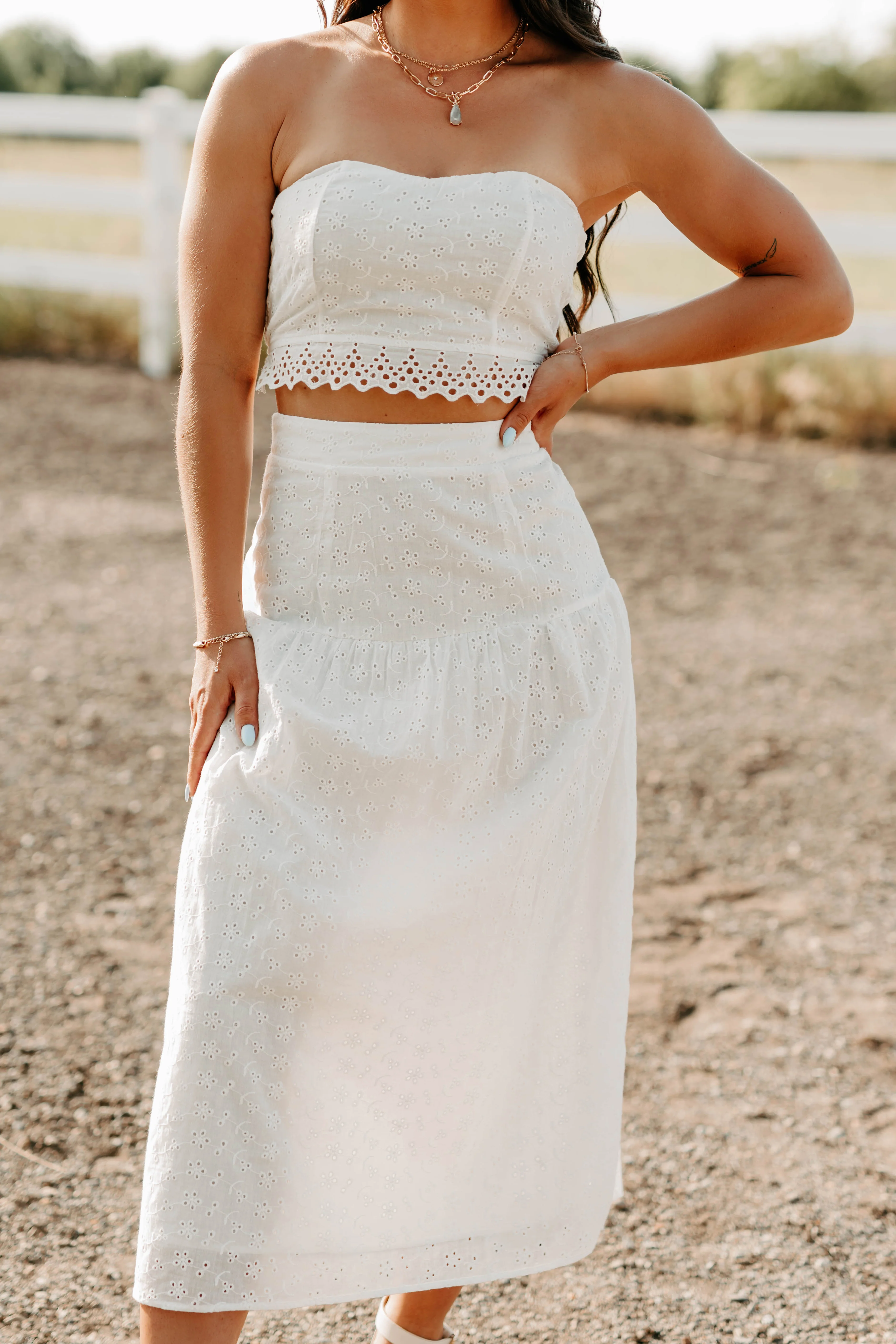 Crush Culture Crop Top Eyelet Skirt Set (White) - Image 2