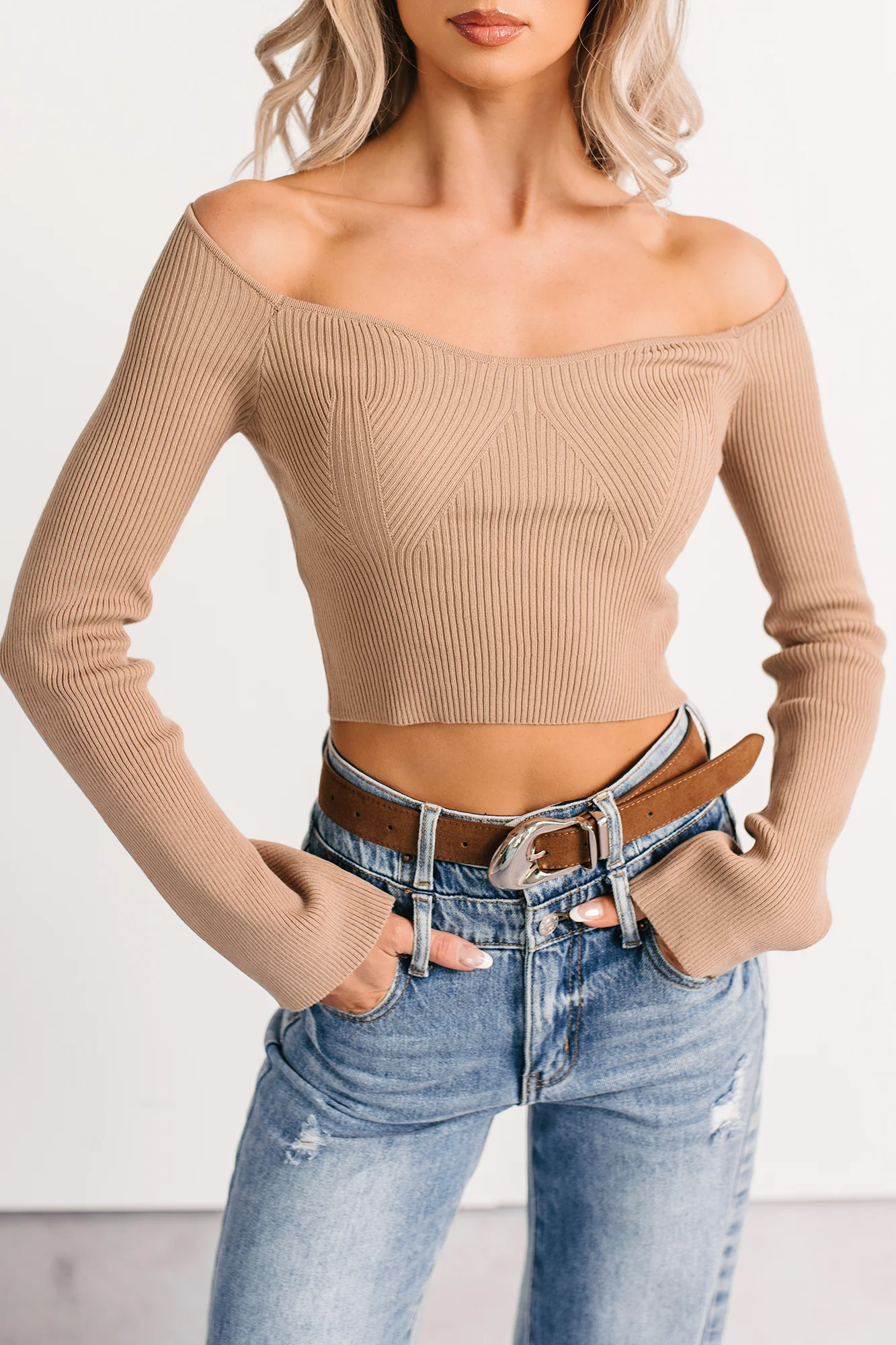 Cute As Ever Ribbed Long Sleeve Knit Crop Top (Camel) - Image 2