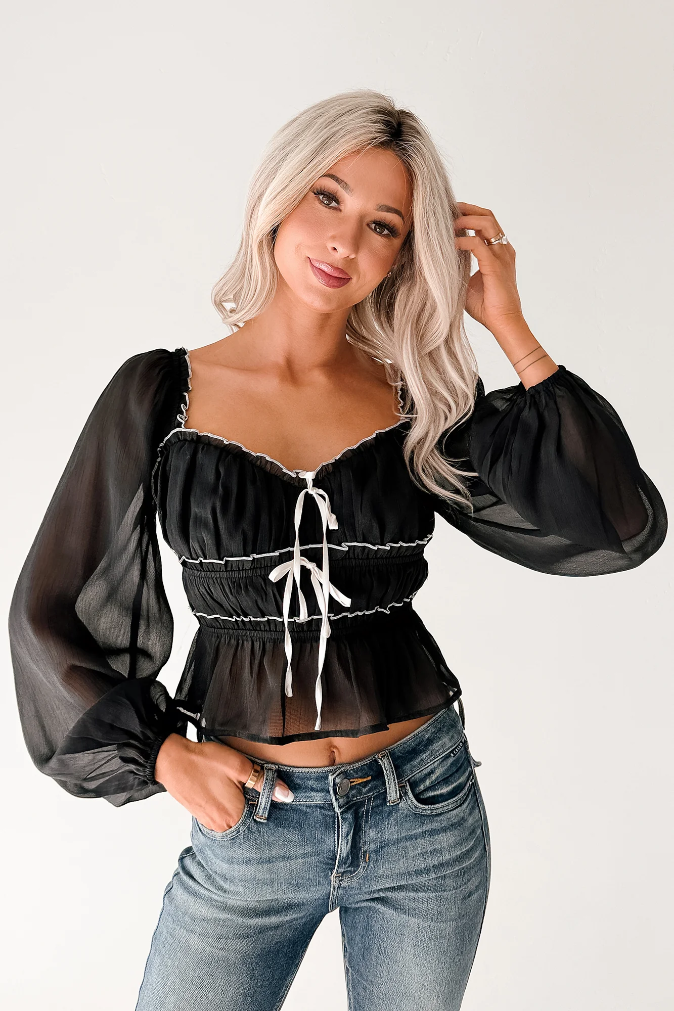 Cute With It Sweetheart Neck Bow Detail Top (Black) - Image 5