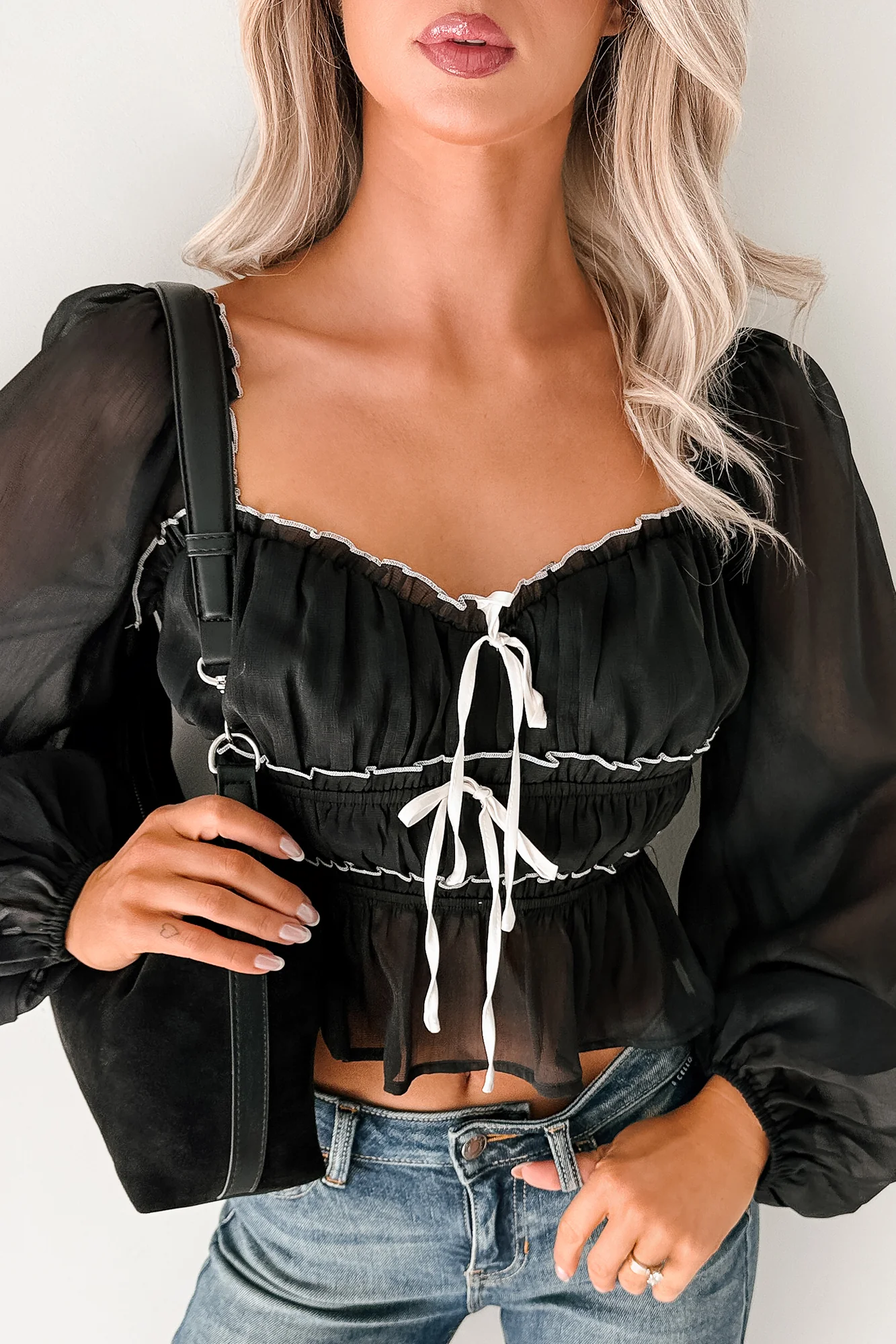 Cute With It Sweetheart Neck Bow Detail Top (Black) - Image 6