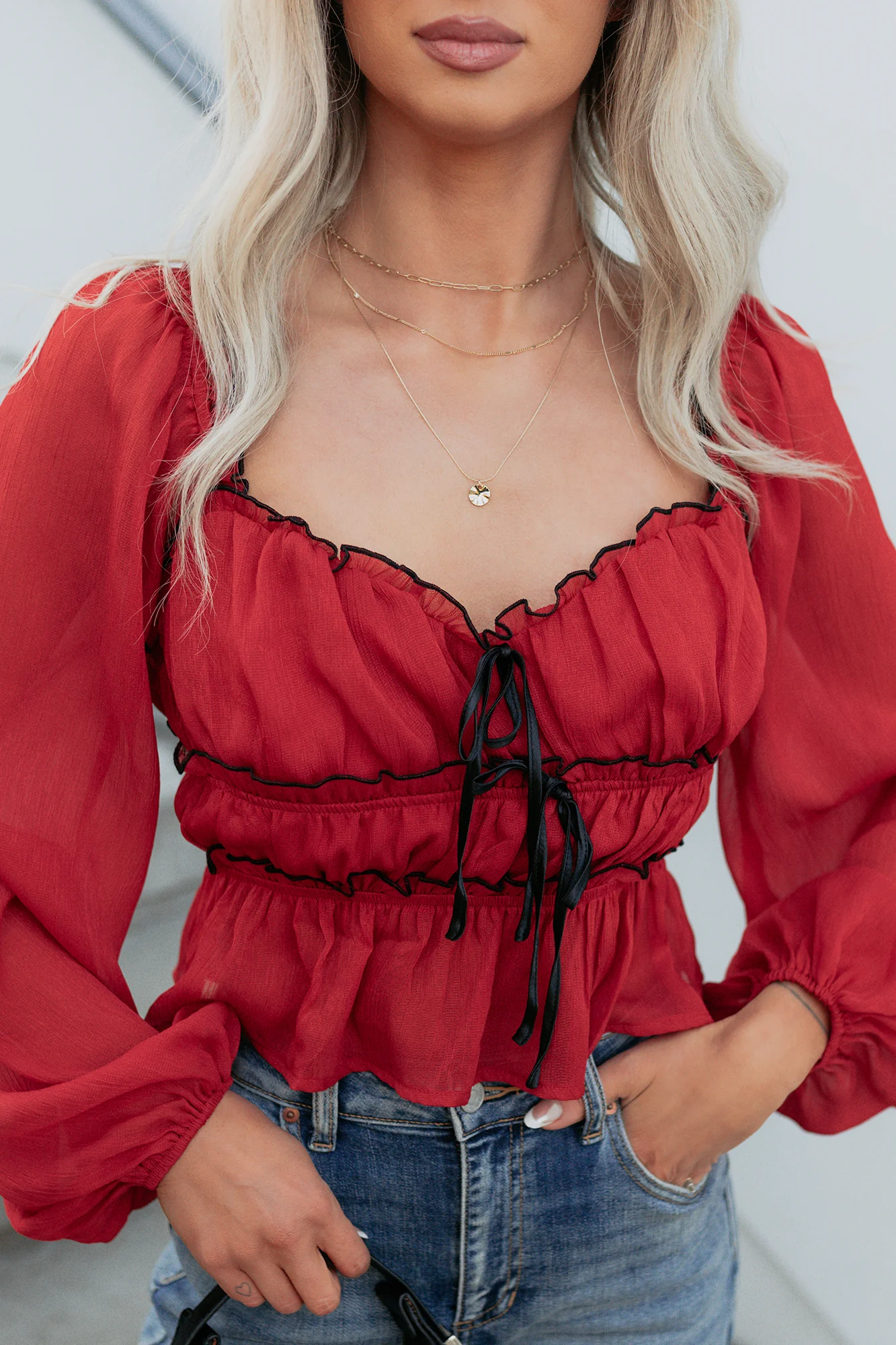 Cute With It Sweetheart Neck Bow Detail Top (Red Wine) - Image 5