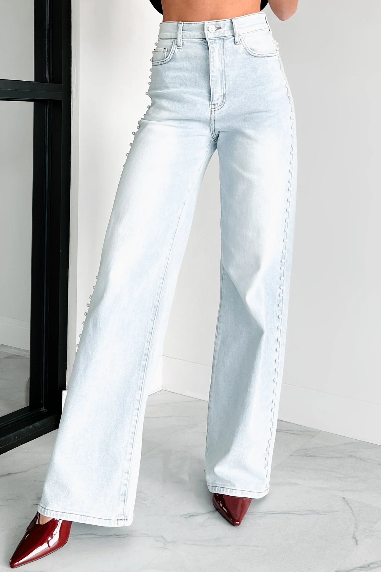 Cynthia High Rise Pearl Detail Vibrant Wide Leg Jeans (Light Stone) - Image 3