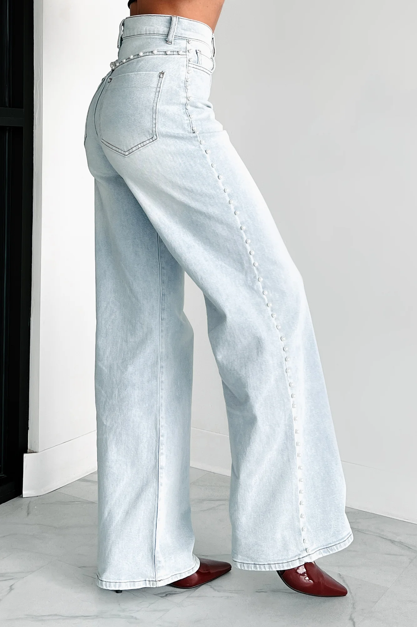 Cynthia High Rise Pearl Detail Vibrant Wide Leg Jeans (Light Stone) - Image 4