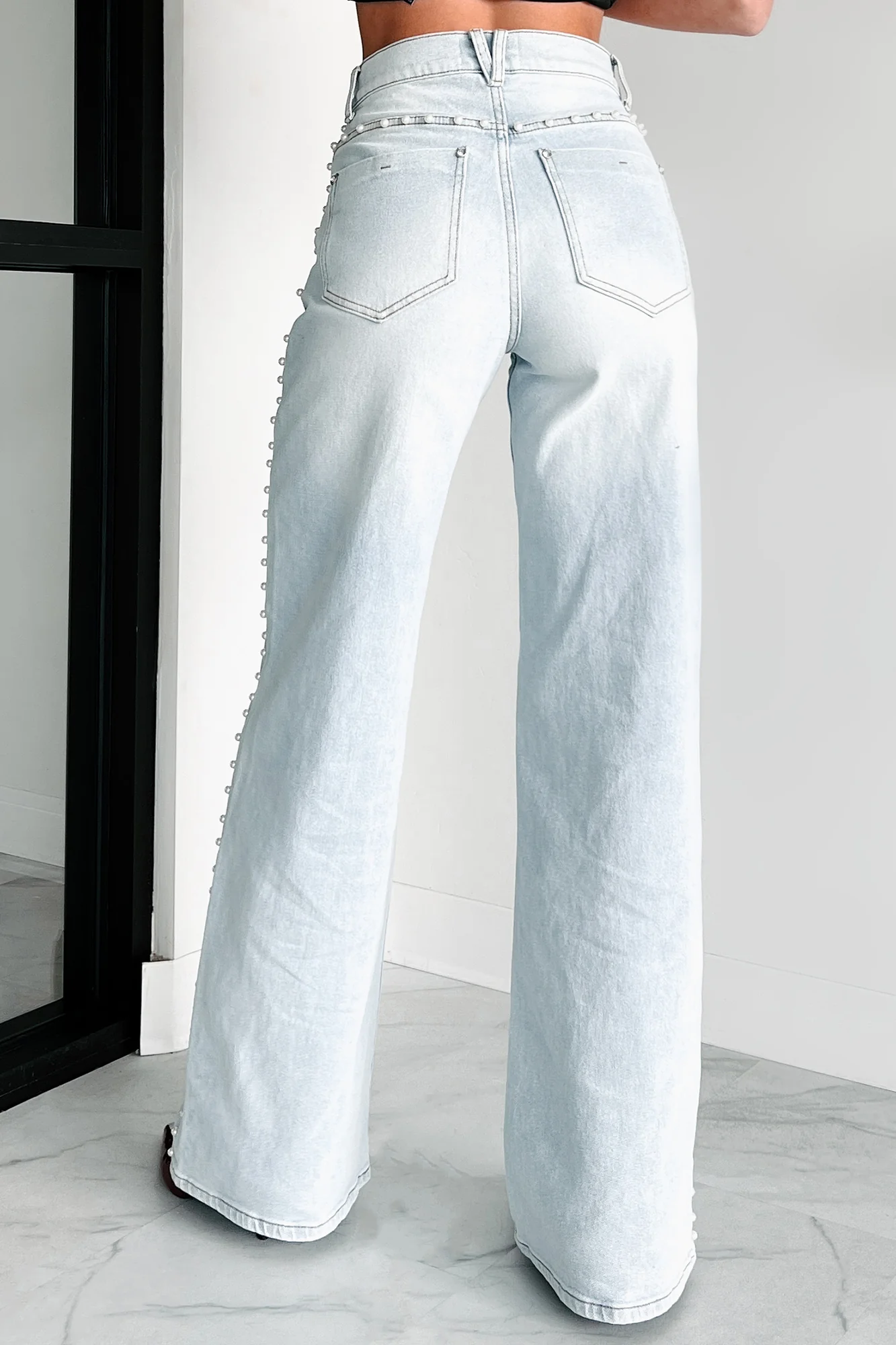 Cynthia High Rise Pearl Detail Vibrant Wide Leg Jeans (Light Stone) - Image 5
