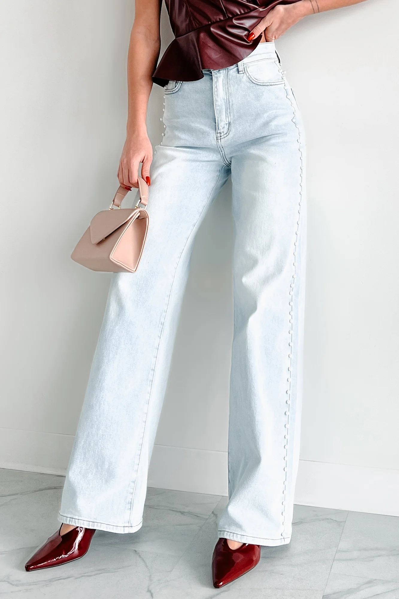 Cynthia High Rise Pearl Detail Vibrant Wide Leg Jeans (Light Stone) - Image 6