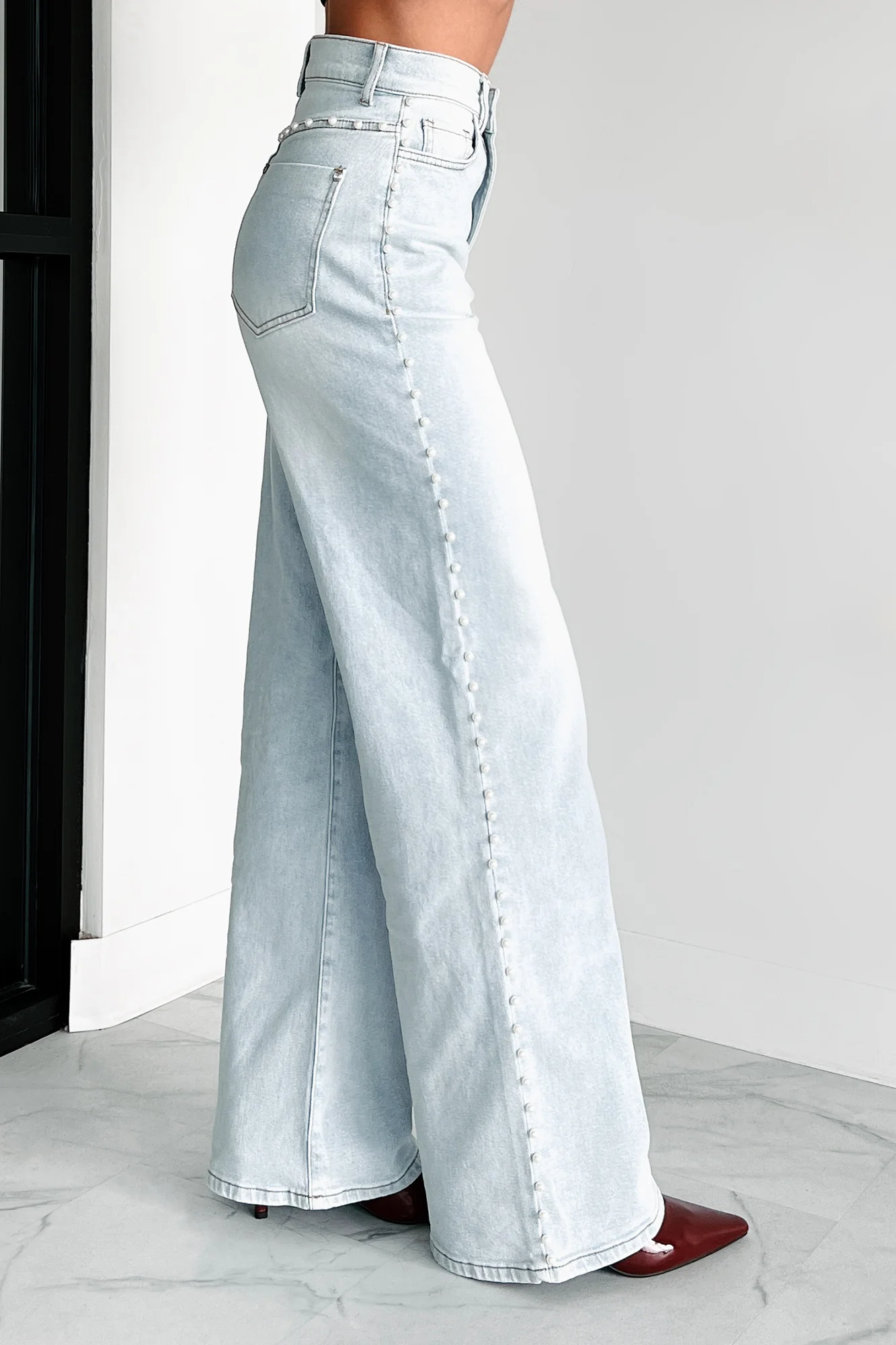 Cynthia High Rise Pearl Detail Vibrant Wide Leg Jeans (Light Stone) - Image 8