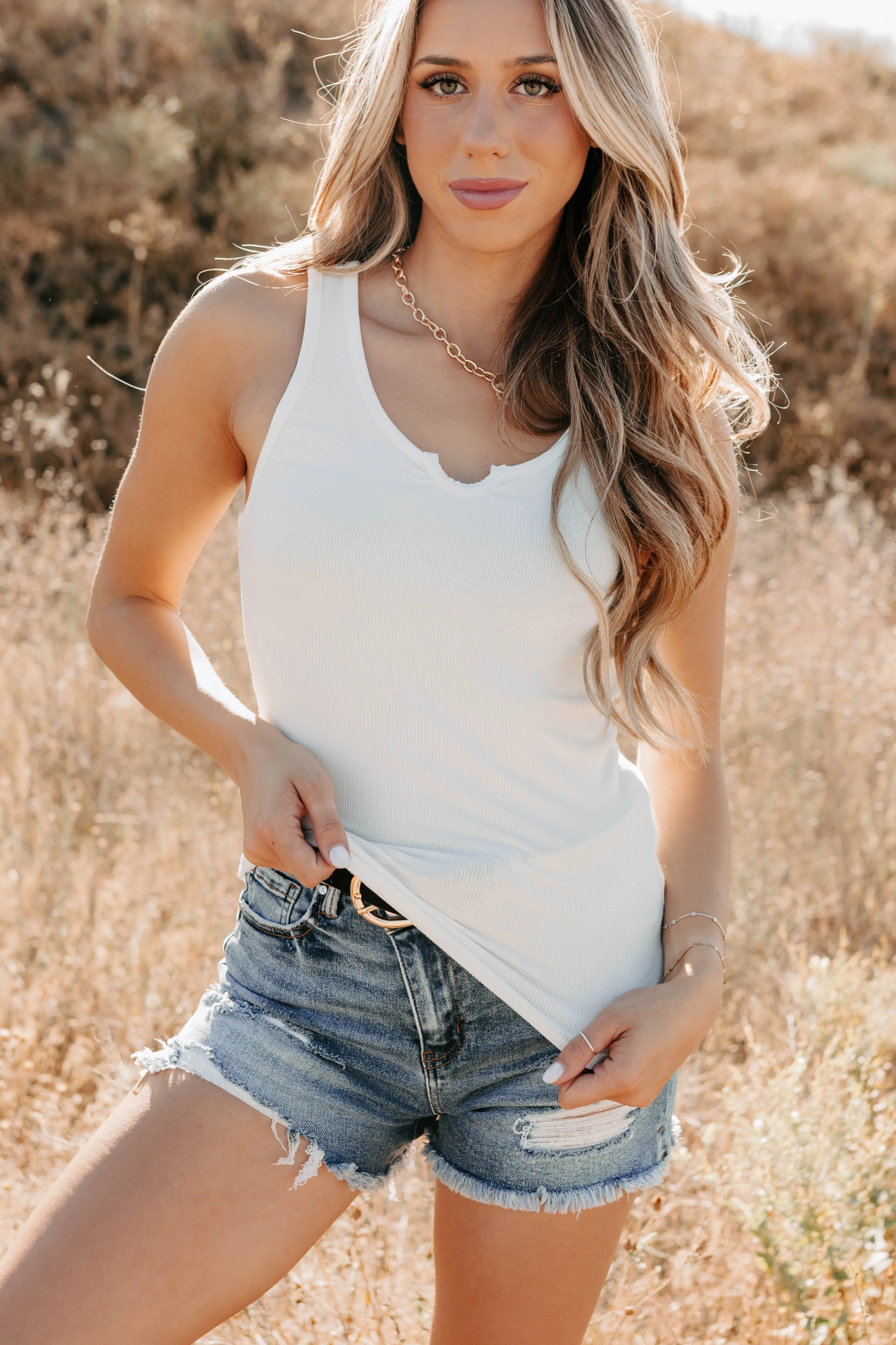 Daily Icon Notched Signature 8 Rib Knit Tank (Off White) - Image 2