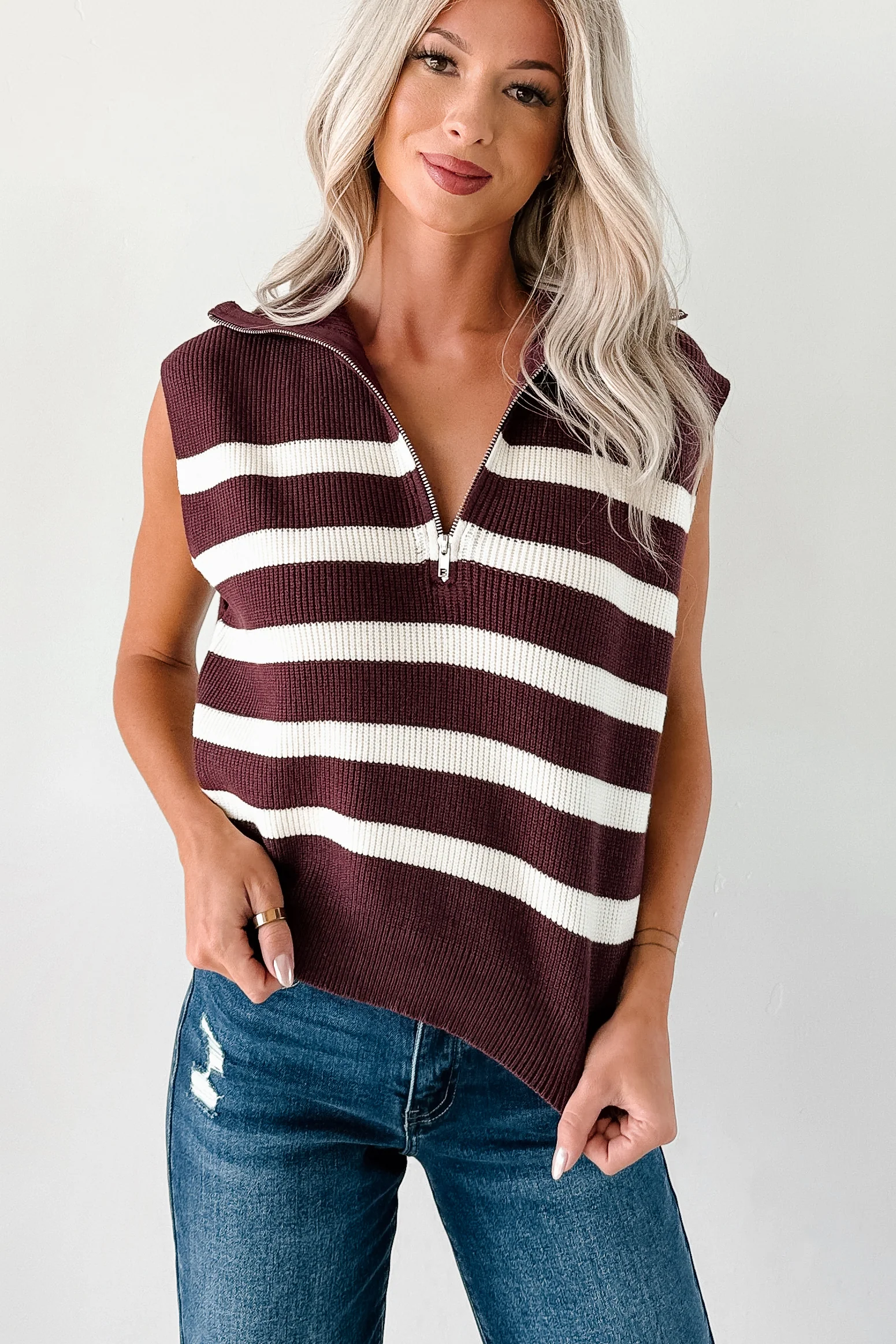 Daily Joys Striped Half-Zip Sweater Vest (Cherry/Cream) - Image 2
