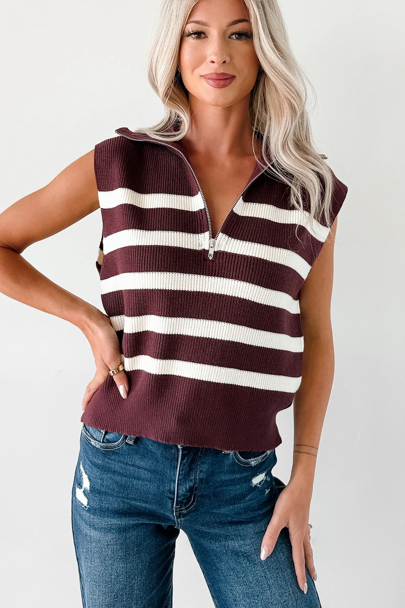 Daily Joys Striped Half-Zip Sweater Vest (Cherry/Cream) - Image 5