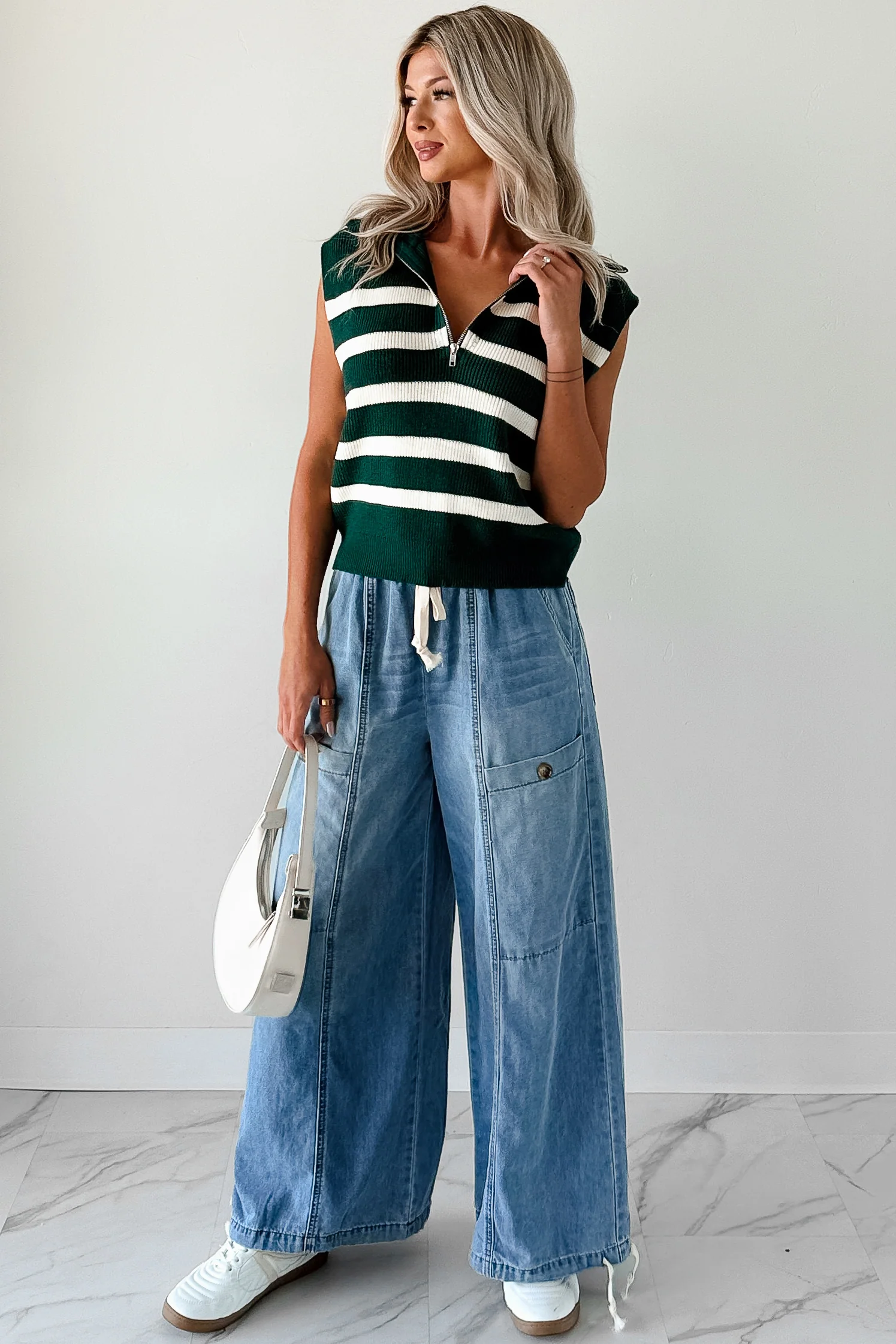 Daily Joys Striped Half-Zip Sweater Vest (Green/Cream) - Image 11