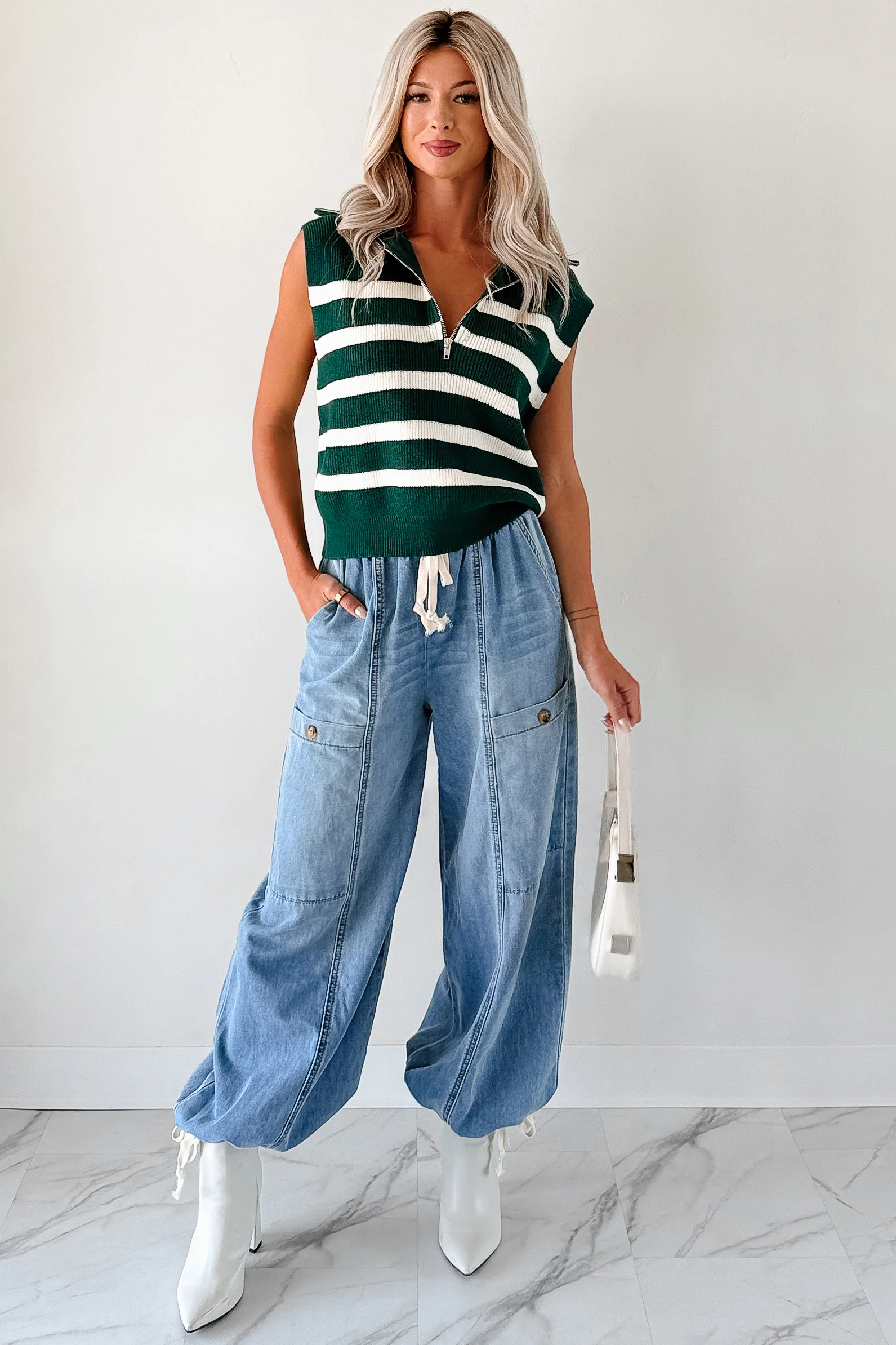 Daily Joys Striped Half-Zip Sweater Vest (Green/Cream) - Image 3