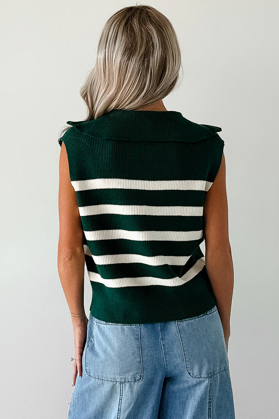 Daily Joys Striped Half-Zip Sweater Vest (Green/Cream) - Image 4