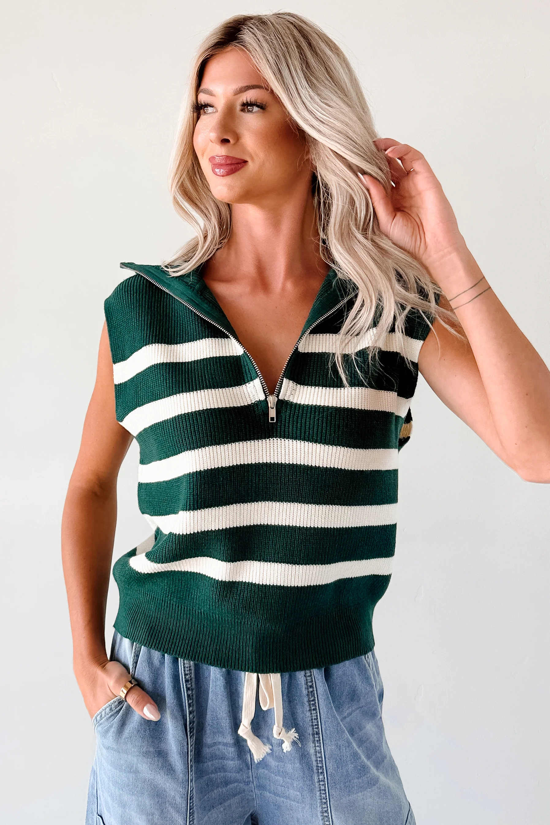 Daily Joys Striped Half-Zip Sweater Vest (Green/Cream) - Image 5