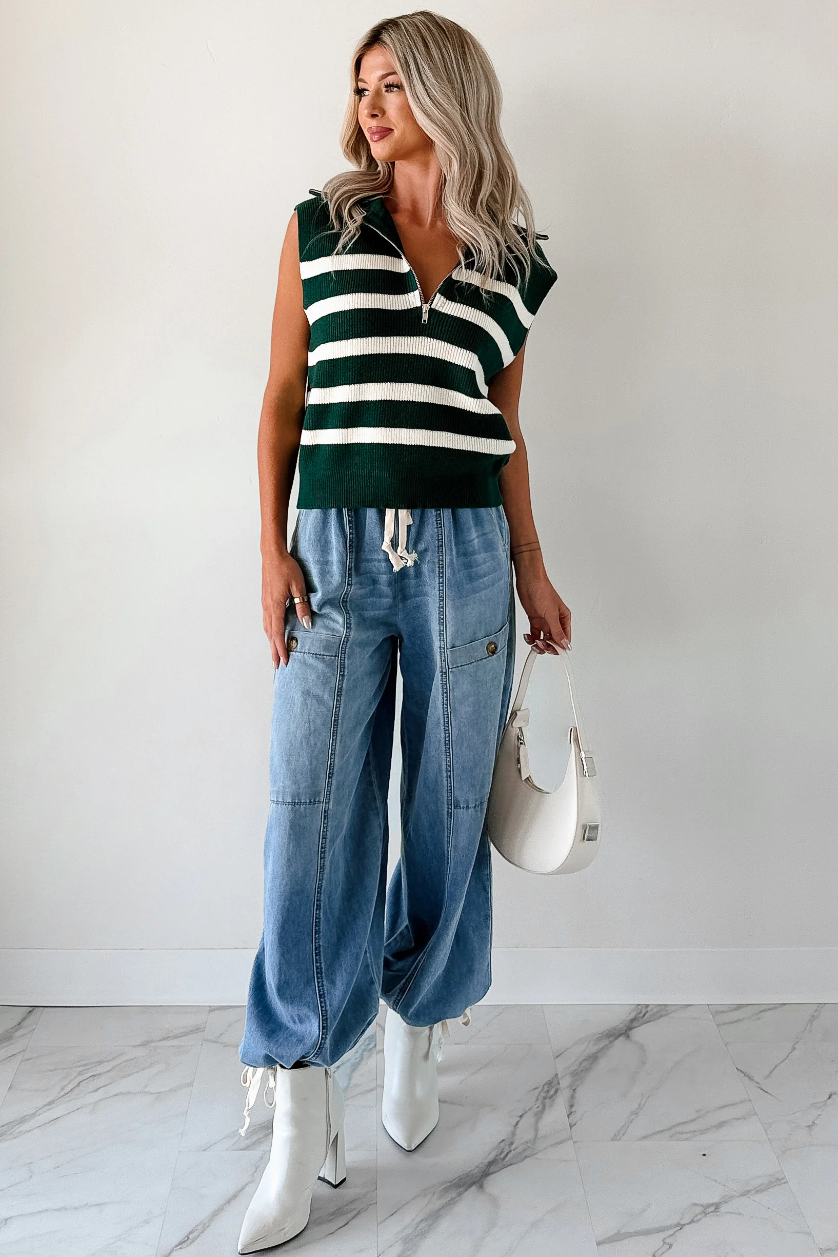 Daily Joys Striped Half-Zip Sweater Vest (Green/Cream) - Image 7