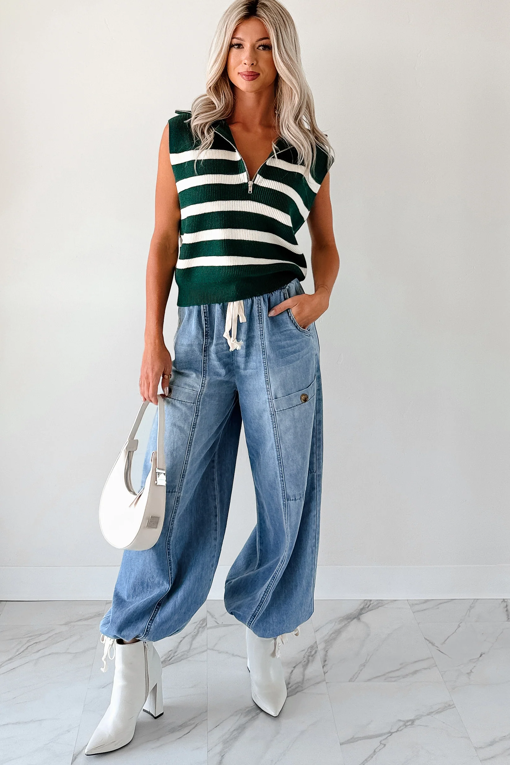 Daily Joys Striped Half-Zip Sweater Vest (Green/Cream) - Image 8