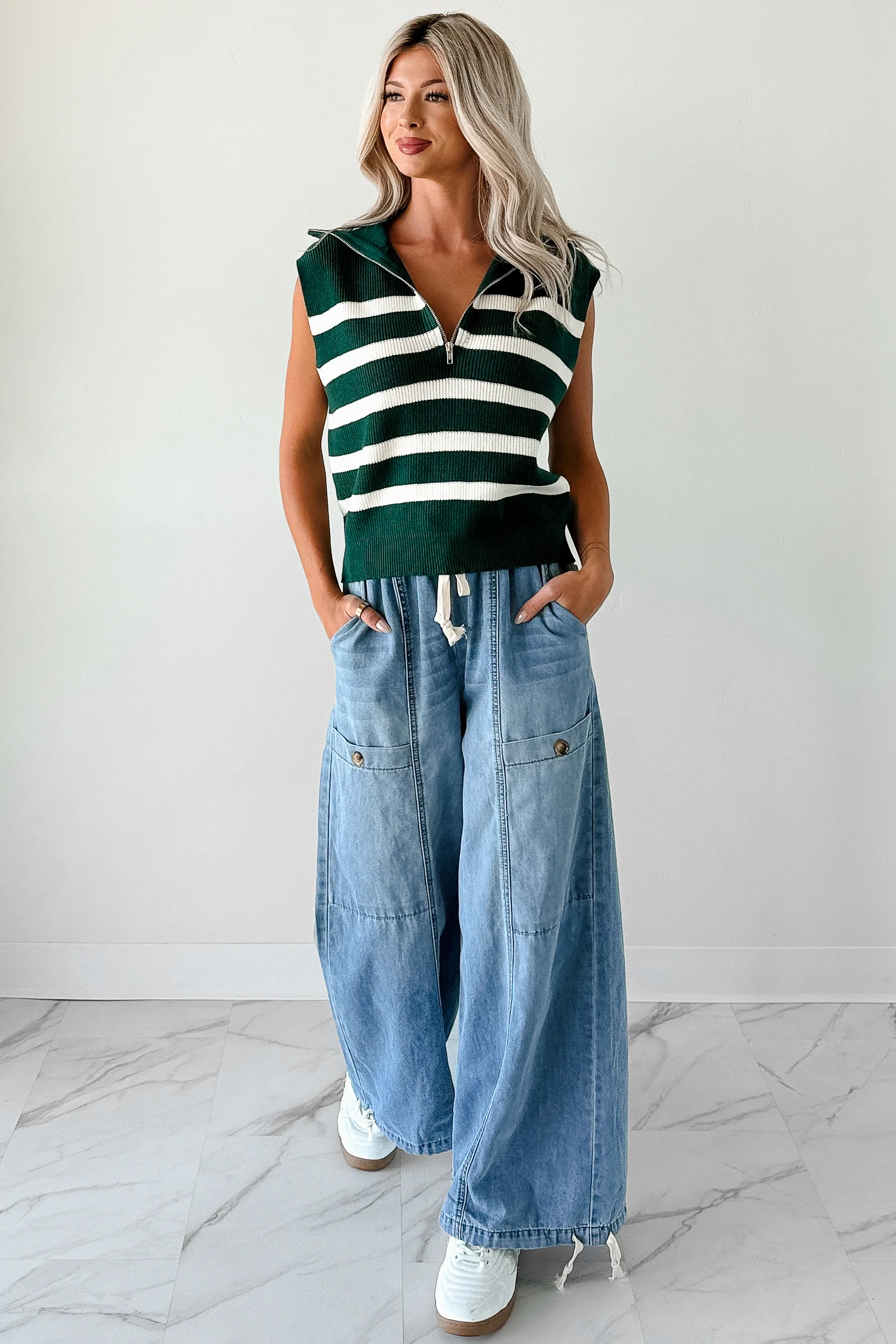 Daily Joys Striped Half-Zip Sweater Vest (Green/Cream) - Image 9