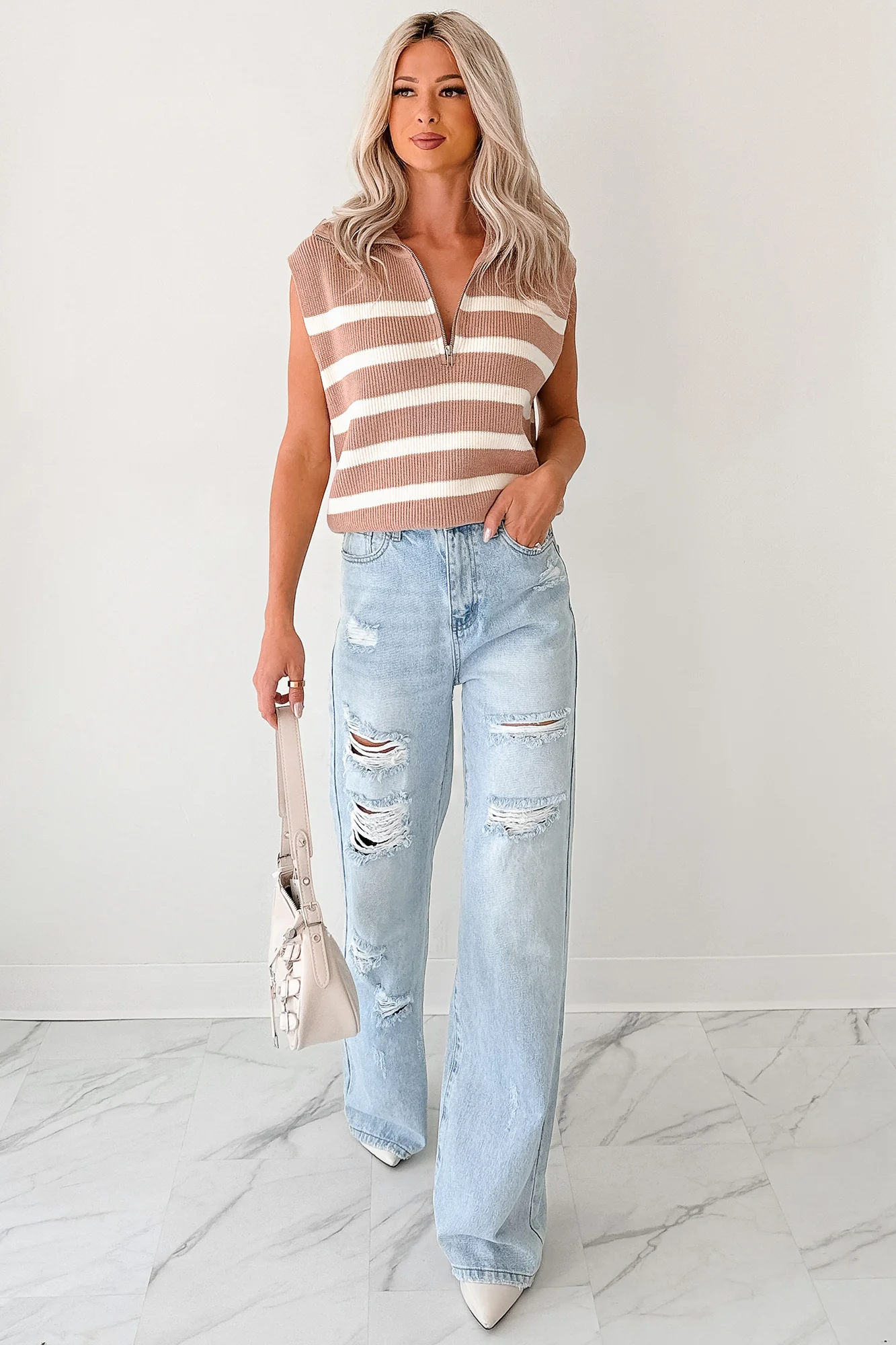 Daily Joys Striped Half-Zip Sweater Vest (Taupe/Cream) - Image 2