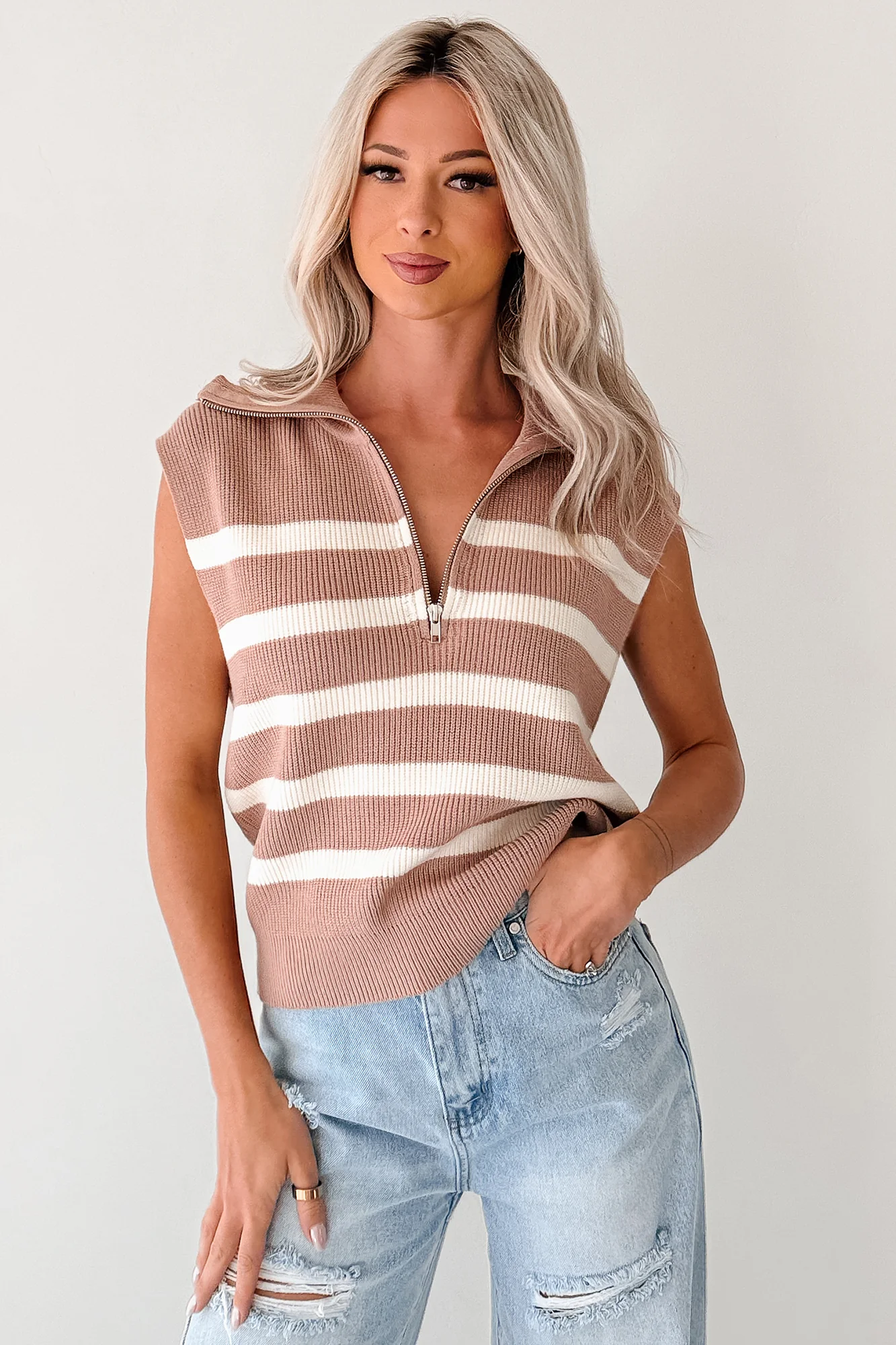 Daily Joys Striped Half-Zip Sweater Vest (Taupe/Cream) - Image 3