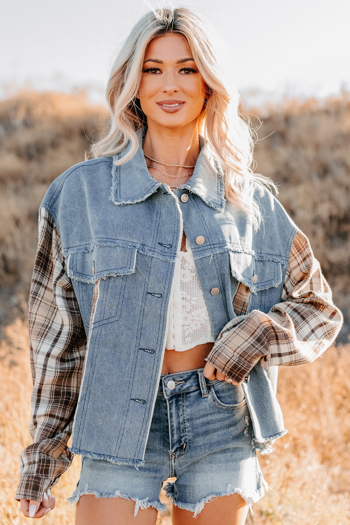 Daily Mode Plaid Denim Mix Jacket (Taupe Blend) - Image 2