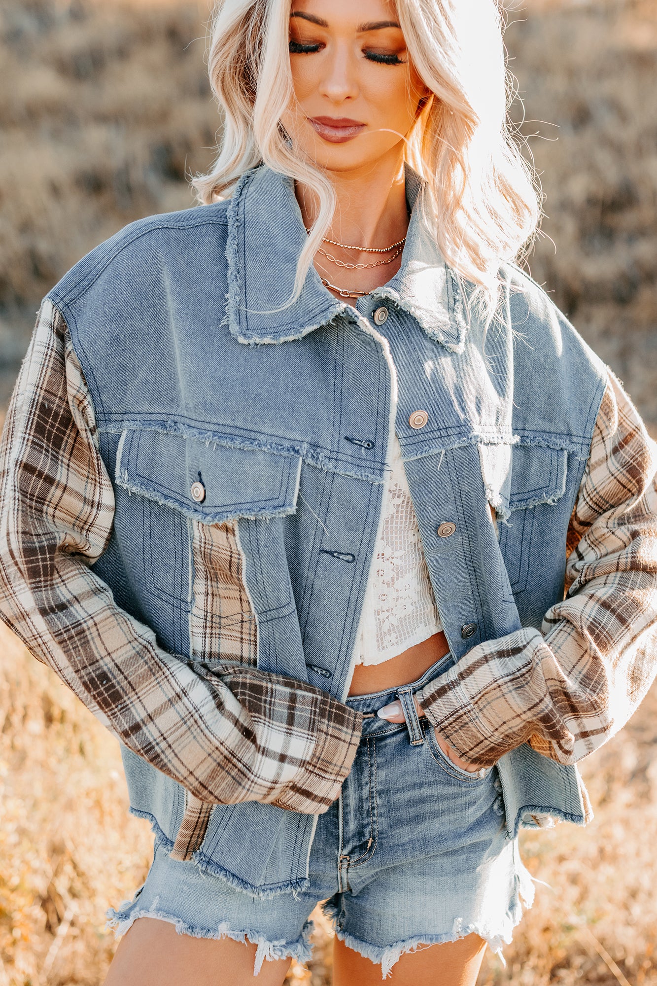 Daily Mode Plaid Denim Mix Jacket (Taupe Blend) - Image 3